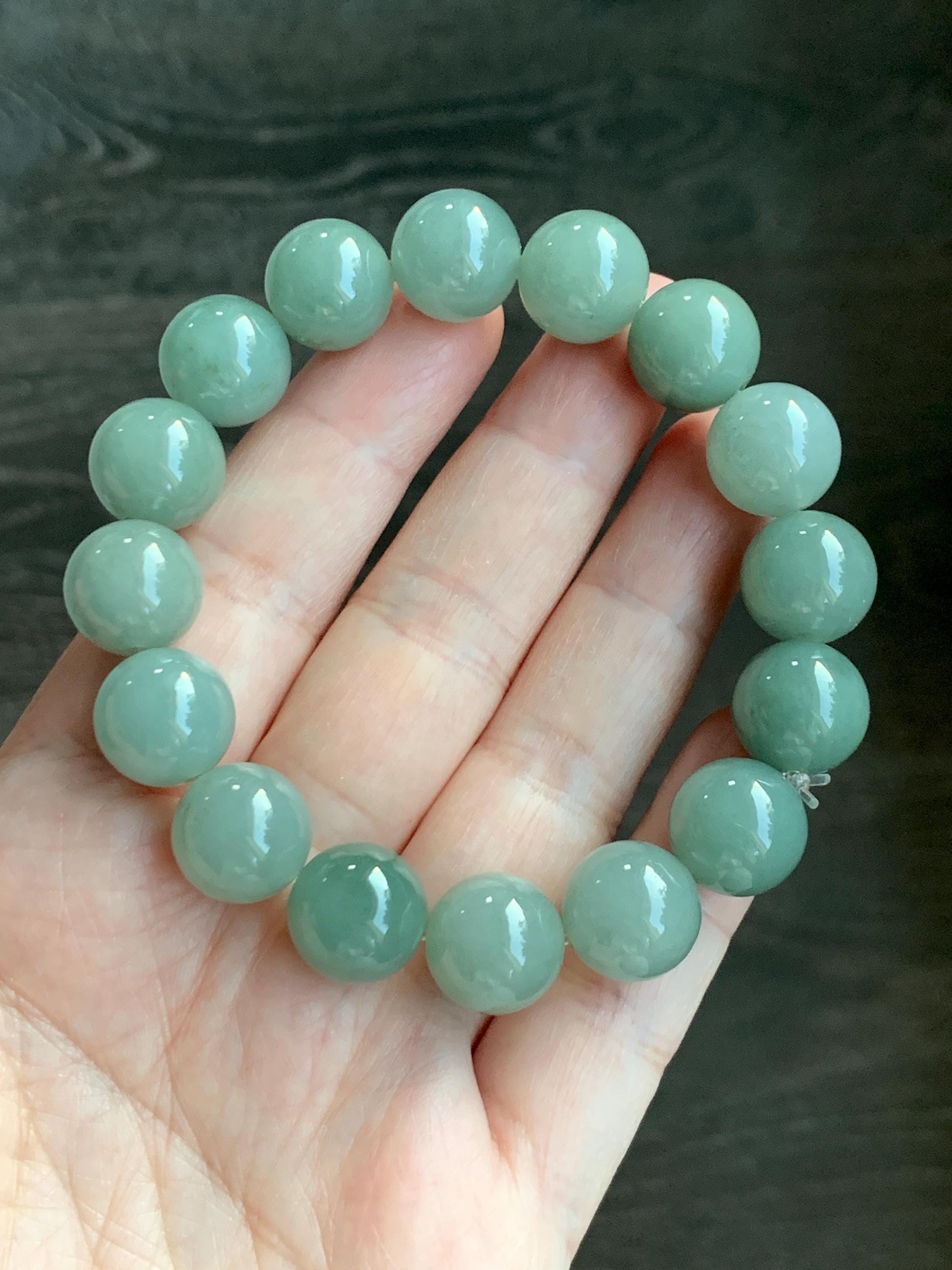 Natural Grade A Icy Translucent Pastel Dusty Green Jade Jadeite Large Beads Beaded Bracelet Stretchy 7.5” 59g 天然冰细糯油青翡翠大卡手串 MYQ650B