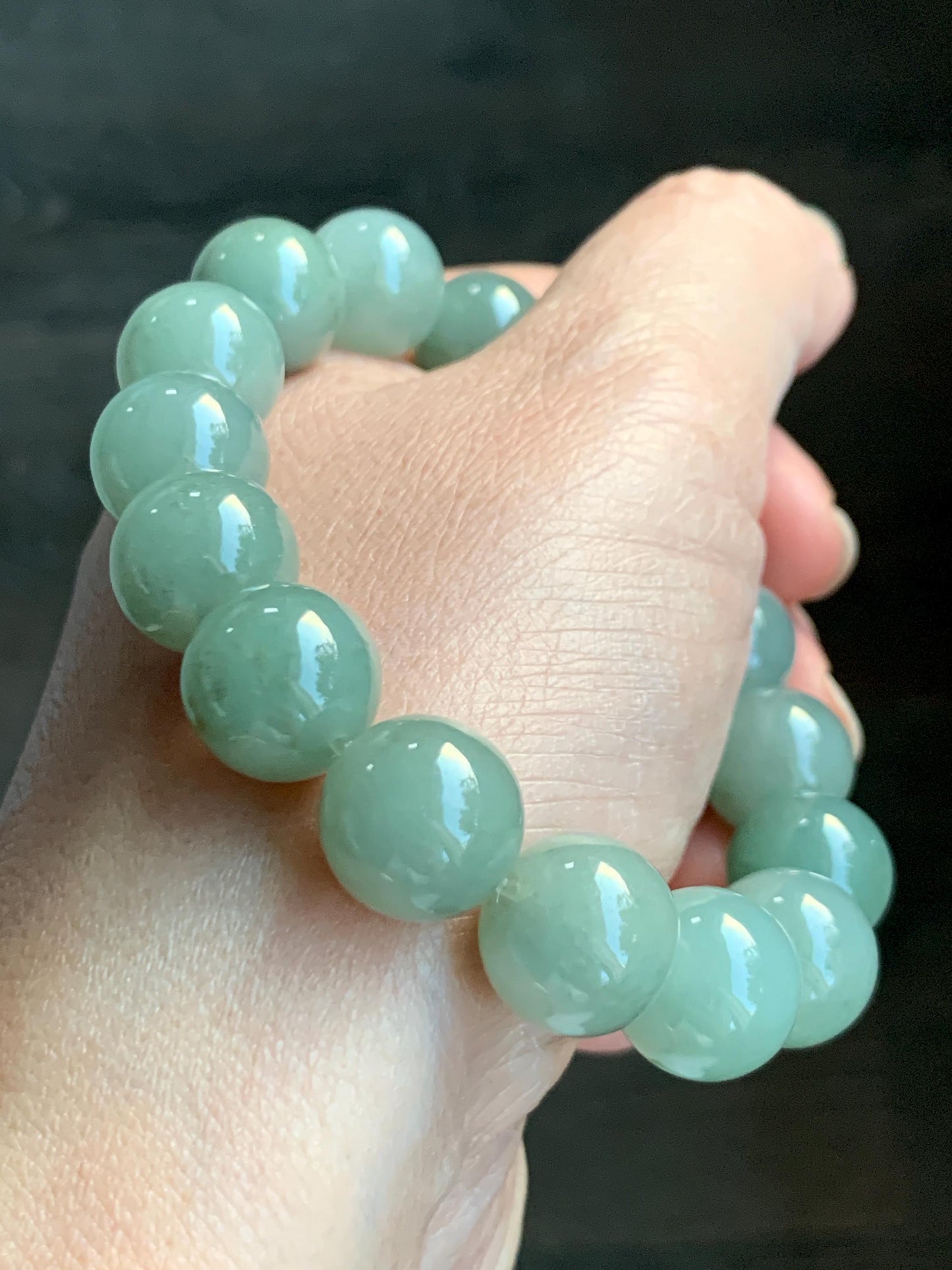 Natural Grade A Icy Translucent Pastel Dusty Green Jade Jadeite Large Beads Beaded Bracelet Stretchy 7.5” 59g 天然冰细糯油青翡翠大卡手串 MYQ650B