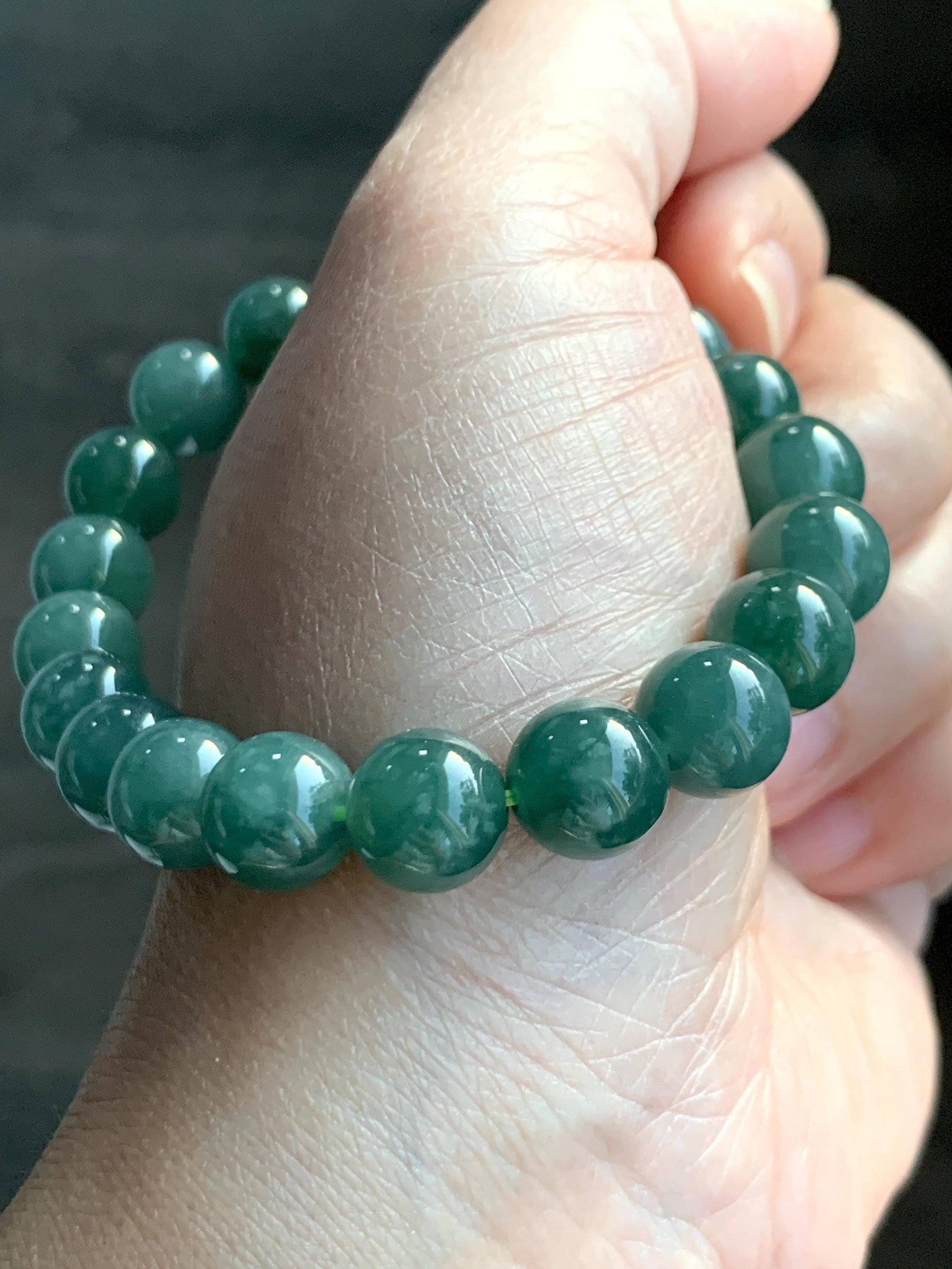 Natural Grade A Guatemalan Icy Translucent Dark Teal Green Jade Jadeite Beaded Bracelet Stretchy 9.9mm 7.25” 32g 天然冰危深蓝绿翡翠圆珠手串 SWL120