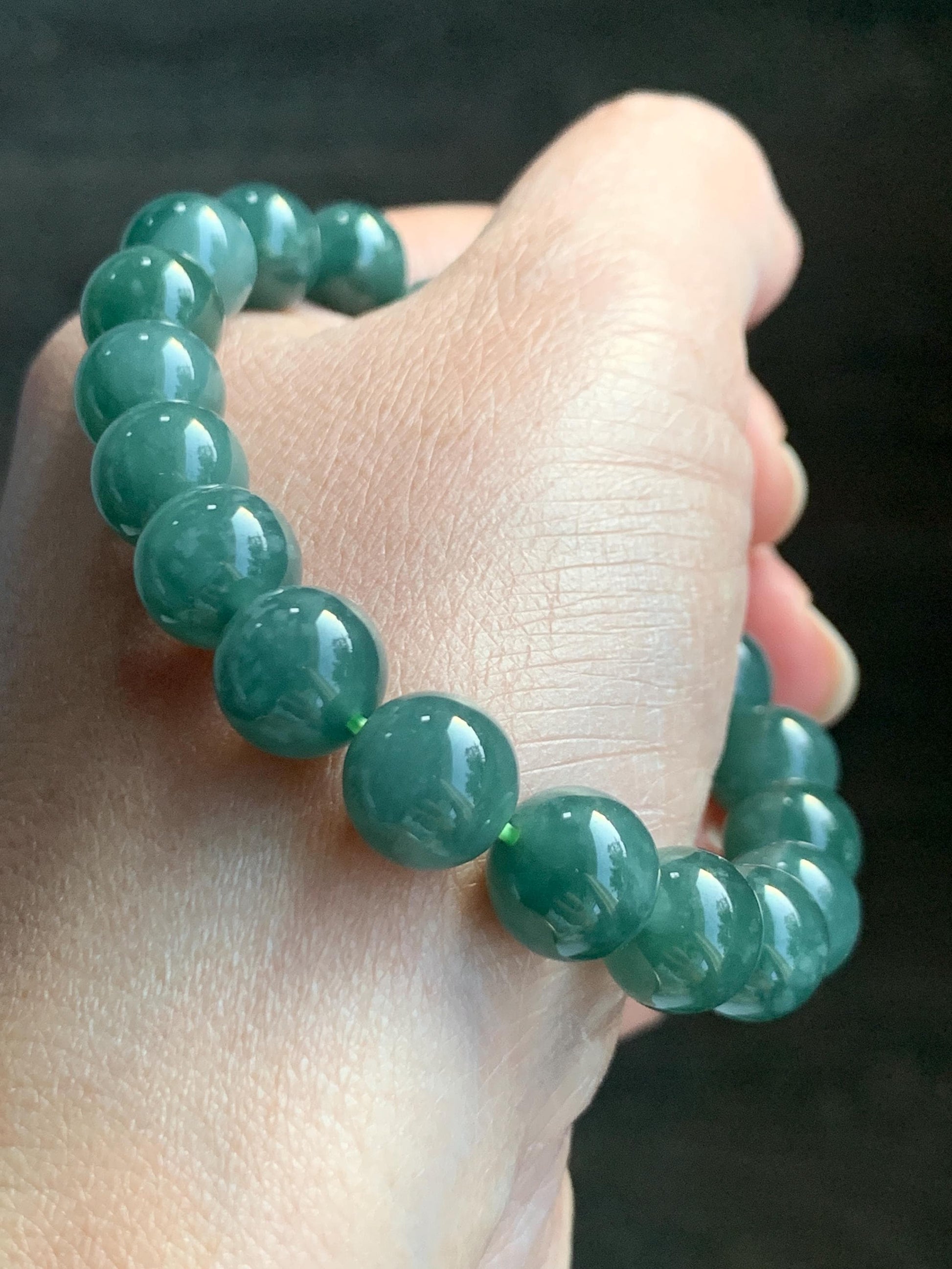 Natural Grade A Guatemalan Icy Translucent Dark Teal Green Jade Jadeite Beaded Bracelet Stretchy 9.9mm 7.25” 32g 天然冰危深蓝绿翡翠圆珠手串 SWL120