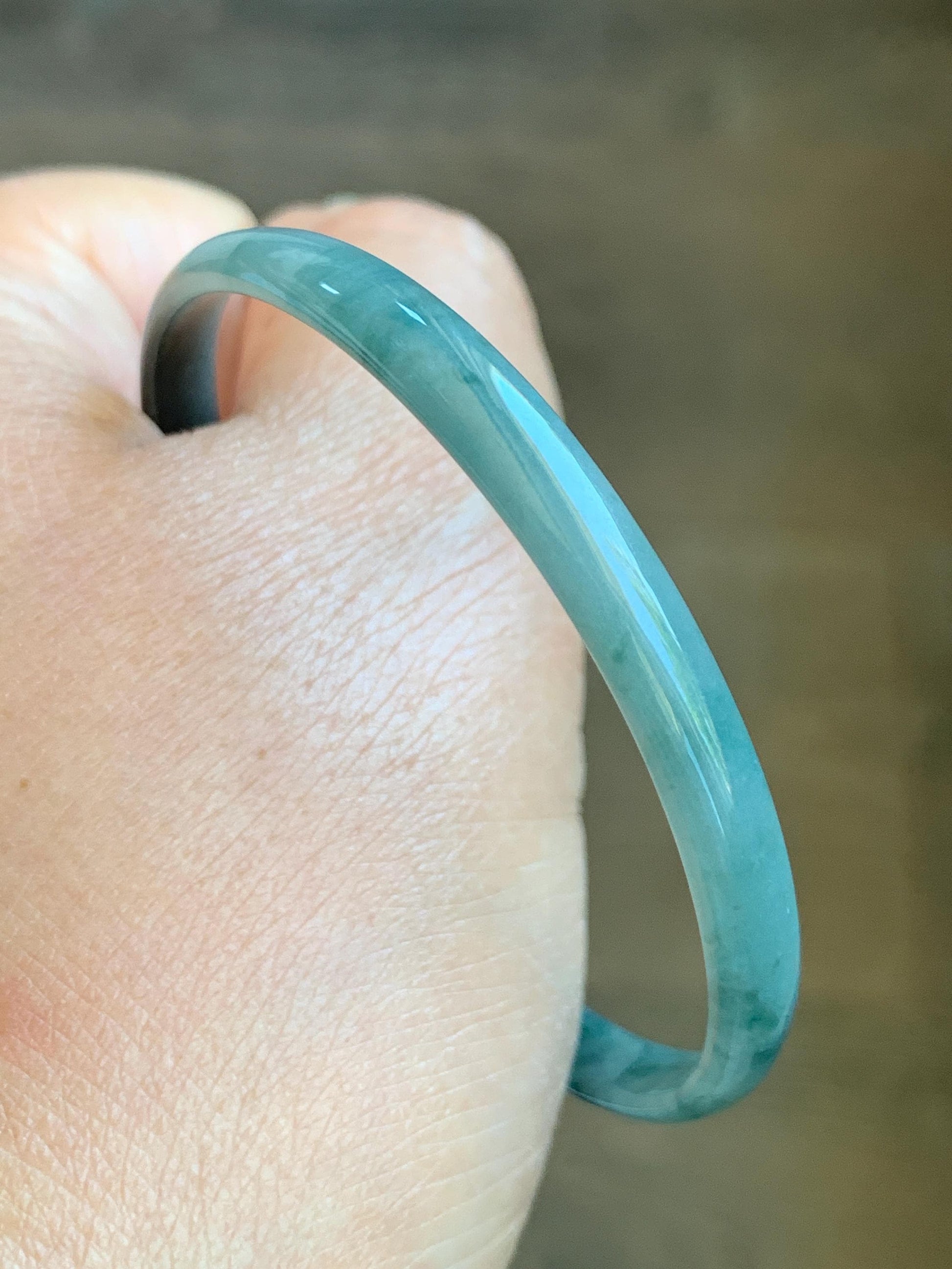 Certified Natural Grade A Guatemalan Icy Translucent Dusty Teal Blue Wuji Marbled Jadeite Slim Bangle Bracelet 52mm 6.72g 天然冰危蓝乌鸡细款翡翠手镯 7097