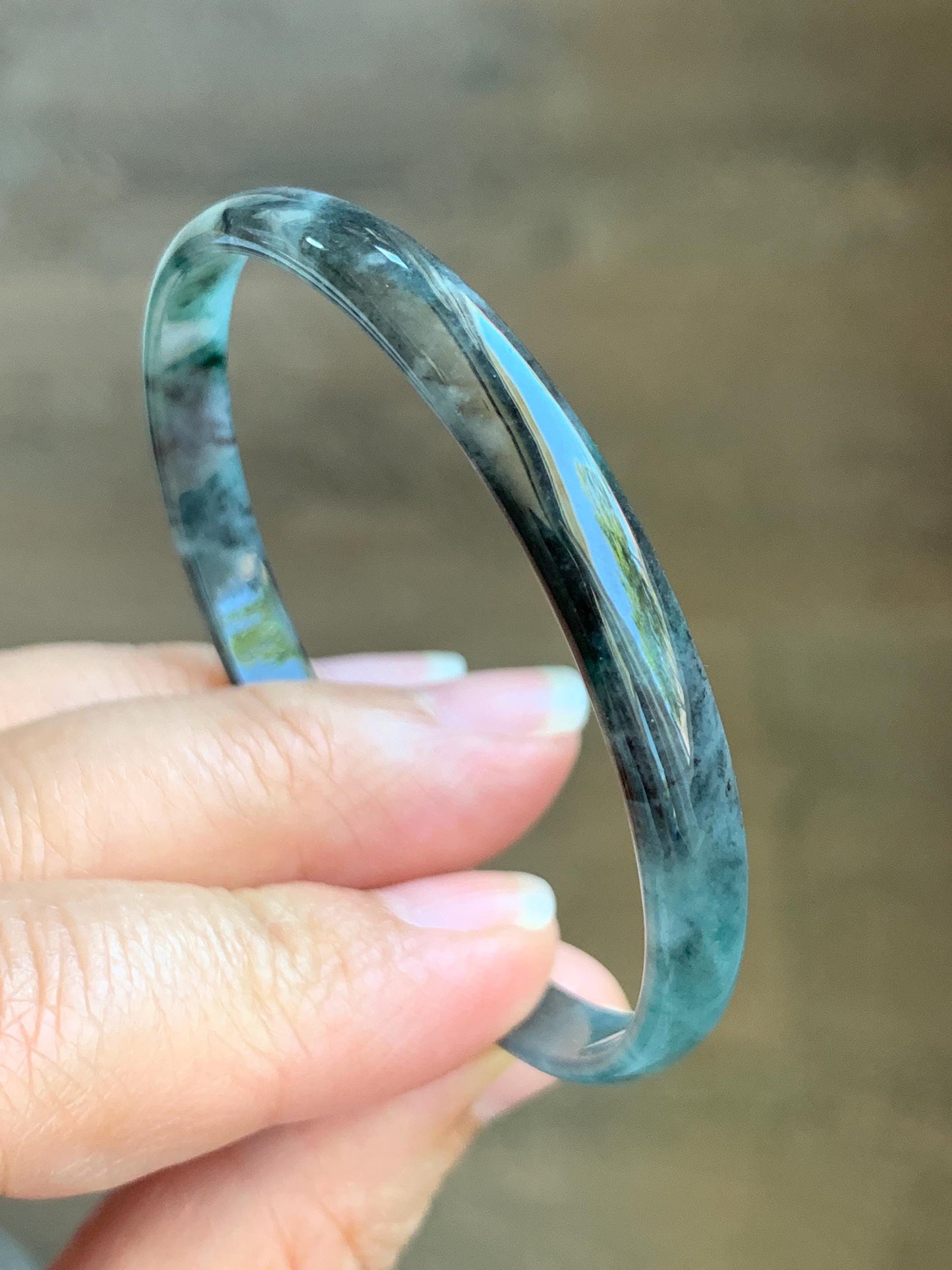 Certified Natural Grade A Guatemalan Icy Translucent Dark Teal Blue Wuji Marbled Jadeite Slim Bangle Bracelet 52.2mm 8g 天然冰危蓝乌鸡细款翡翠手镯 7098