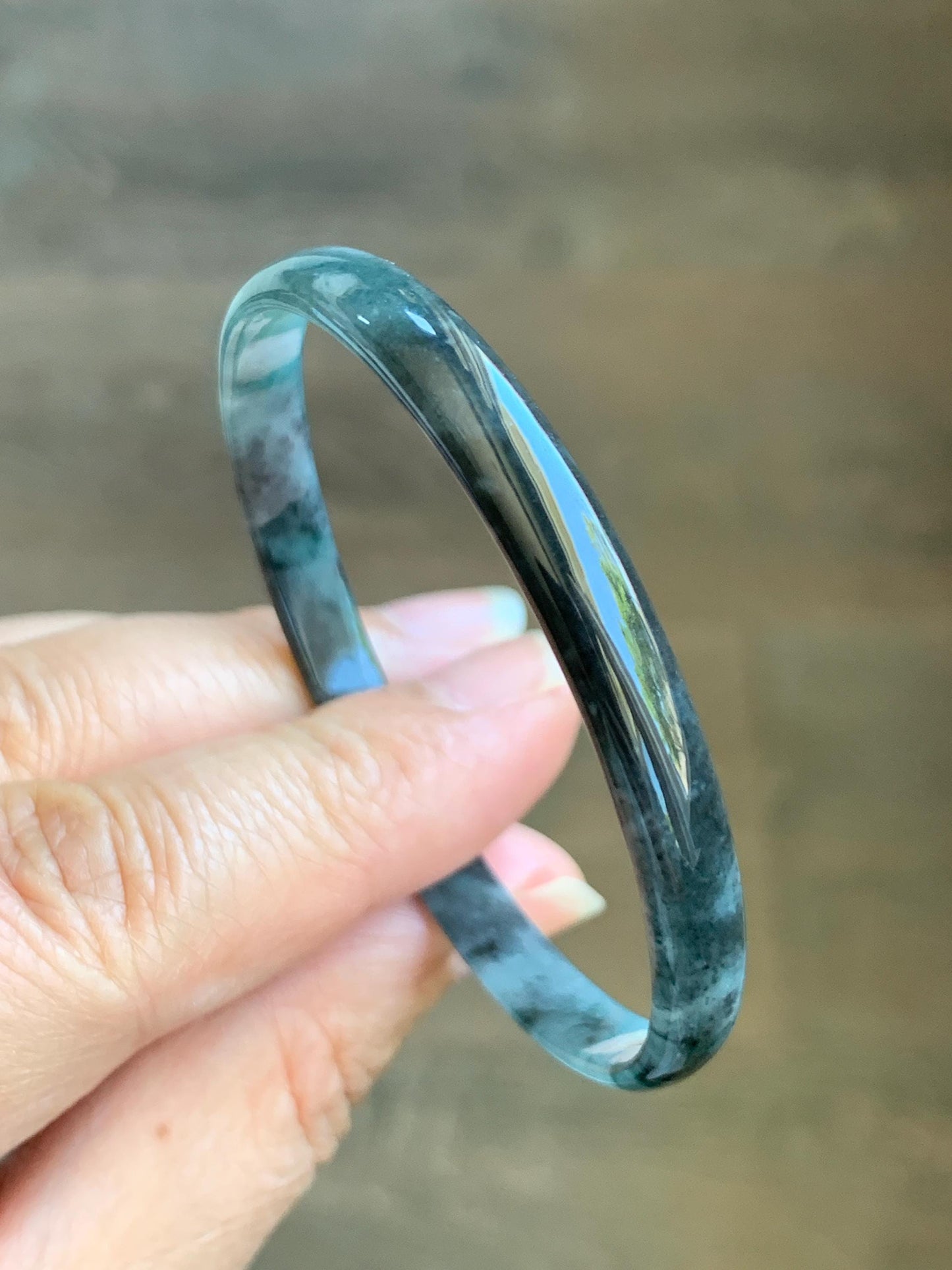 Certified Natural Grade A Guatemalan Icy Translucent Dark Teal Blue Wuji Marbled Jadeite Slim Bangle Bracelet 52.2mm 8g 天然冰危蓝乌鸡细款翡翠手镯 7098