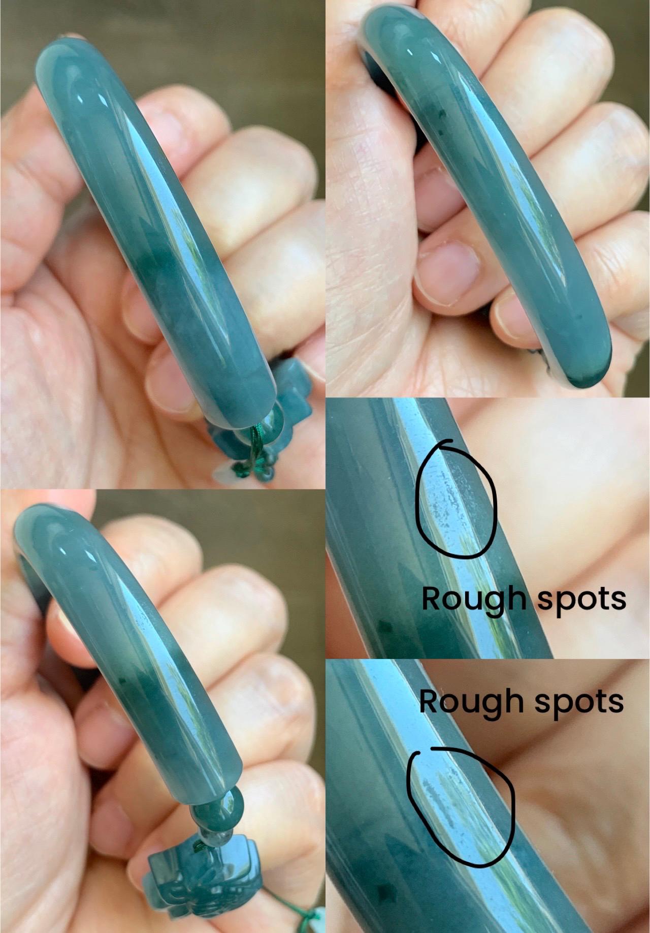 Natural Guatemalan Icy Translucent Dusty Teal Blue Jadeite Open Bangle Bracelet w/ Lotus Flower & Peapod Charms 55.8mm 天然老种冰胶危篮翡翠开口镯 LKZ360