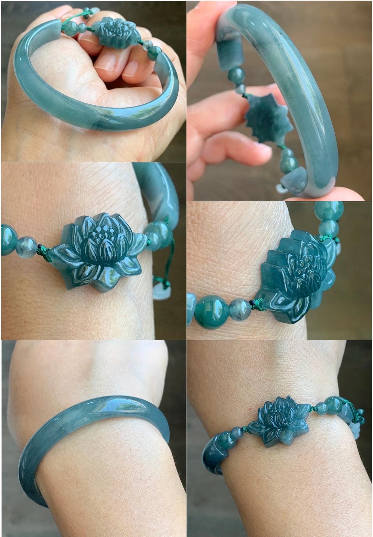 Natural Guatemalan Icy Translucent Dusty Teal Blue Jadeite Open Bangle Bracelet w/ Lotus Flower & Peapod Charms 55.8mm 天然老种冰胶危篮翡翠开口镯 LKZ360