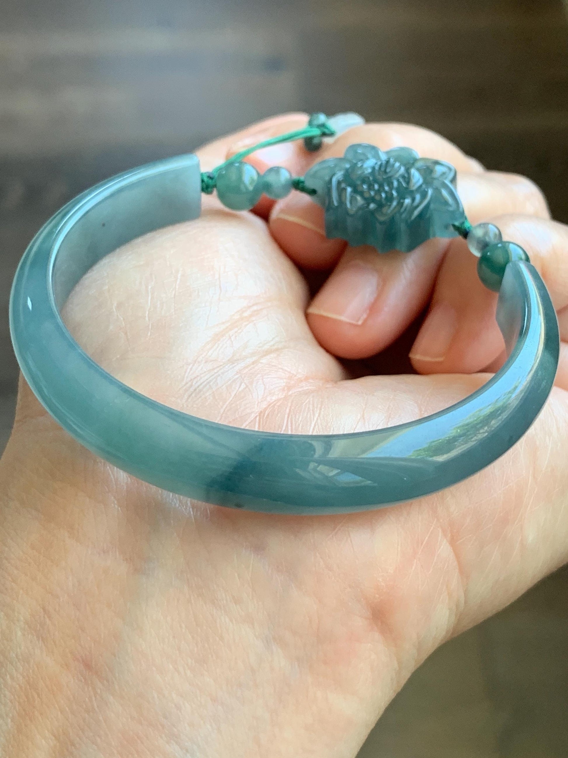 Natural Guatemalan Icy Translucent Dusty Teal Blue Jadeite Open Bangle Bracelet w/ Lotus Flower & Peapod Charms 55.8mm 天然老种冰胶危篮翡翠开口镯 LKZ360