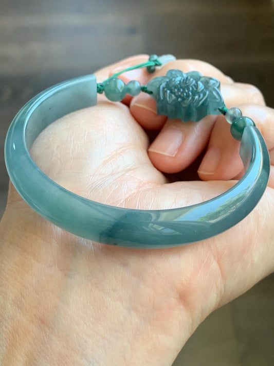 Natural Guatemalan Icy Translucent Dusty Teal Blue Jadeite Open Bangle Bracelet w/ Lotus Flower & Peapod Charms 55.8mm 天然老种冰胶危篮翡翠开口镯 LKZ360