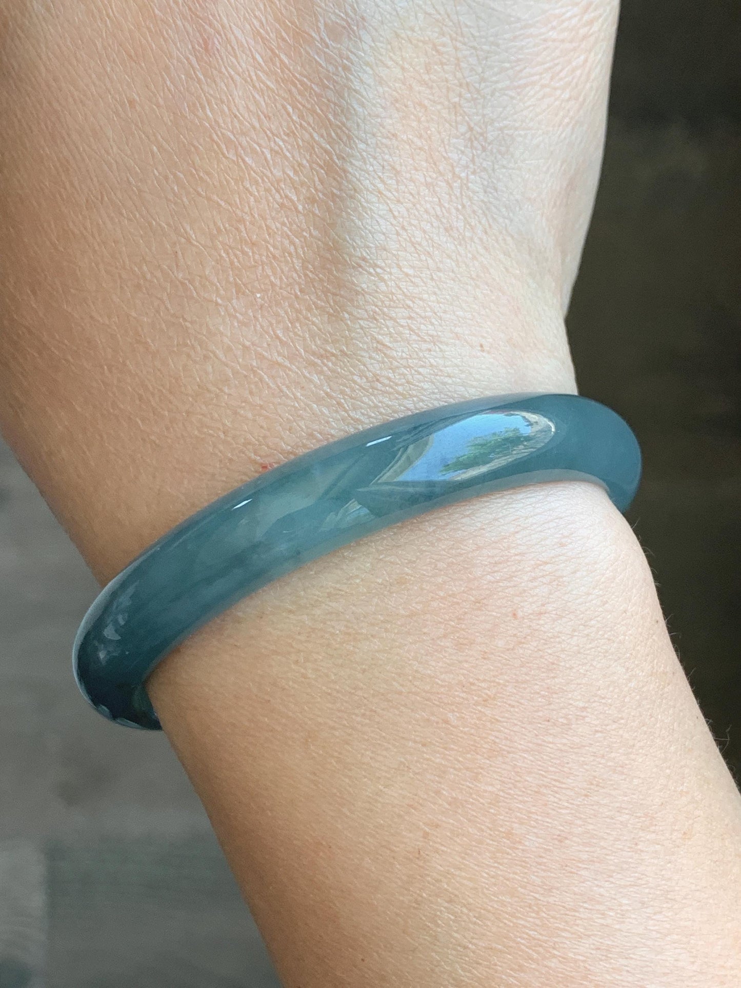 Natural Guatemalan Icy Translucent Dusty Teal Blue Jadeite Open Bangle Bracelet w/ Lotus Flower & Peapod Charms 55.8mm 天然老种冰胶危篮翡翠开口镯 LKZ360