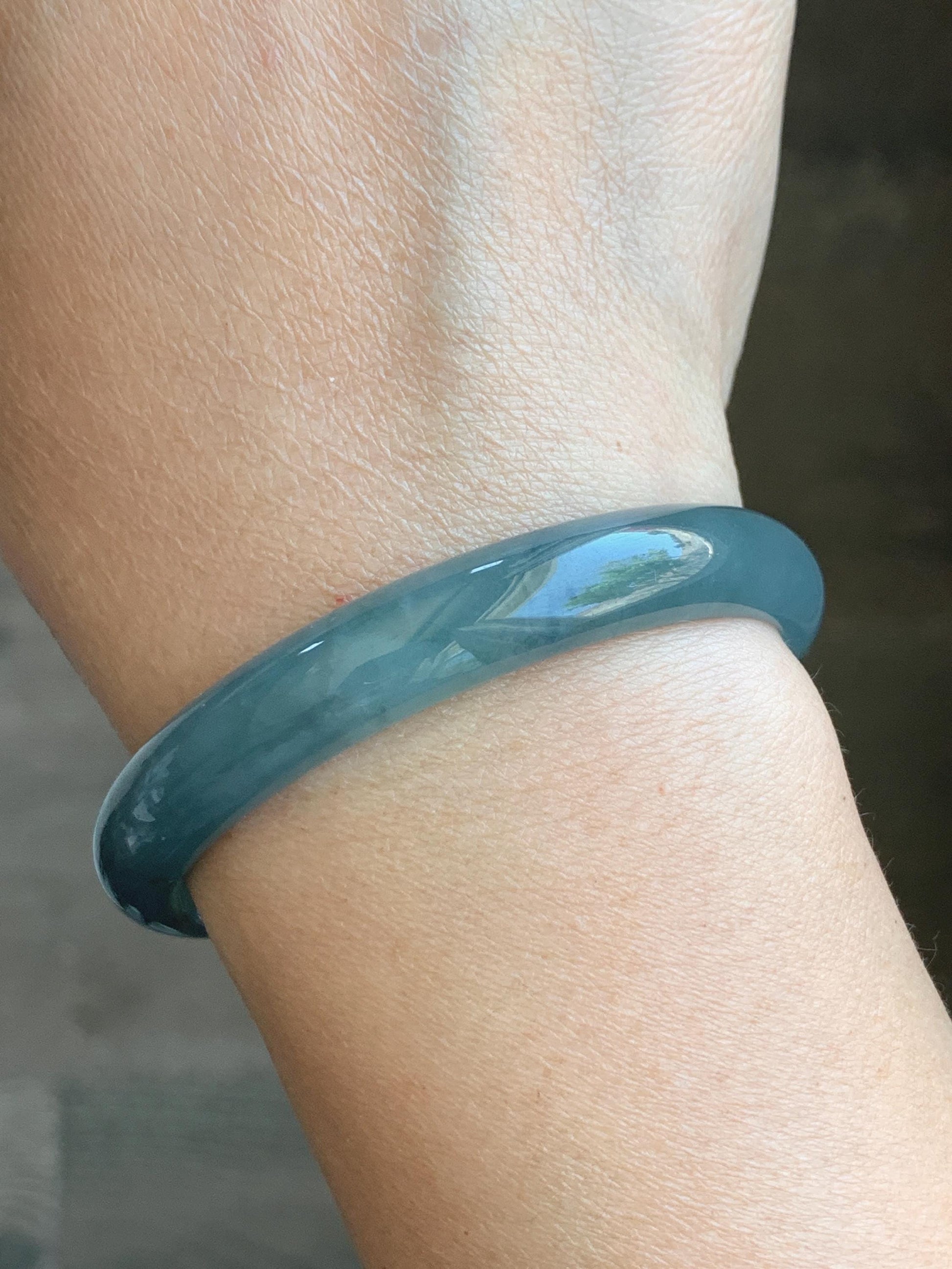 Natural Guatemalan Icy Translucent Dusty Teal Blue Jadeite Open Bangle Bracelet w/ Lotus Flower & Peapod Charms 55.8mm 天然老种冰胶危篮翡翠开口镯 LKZ360