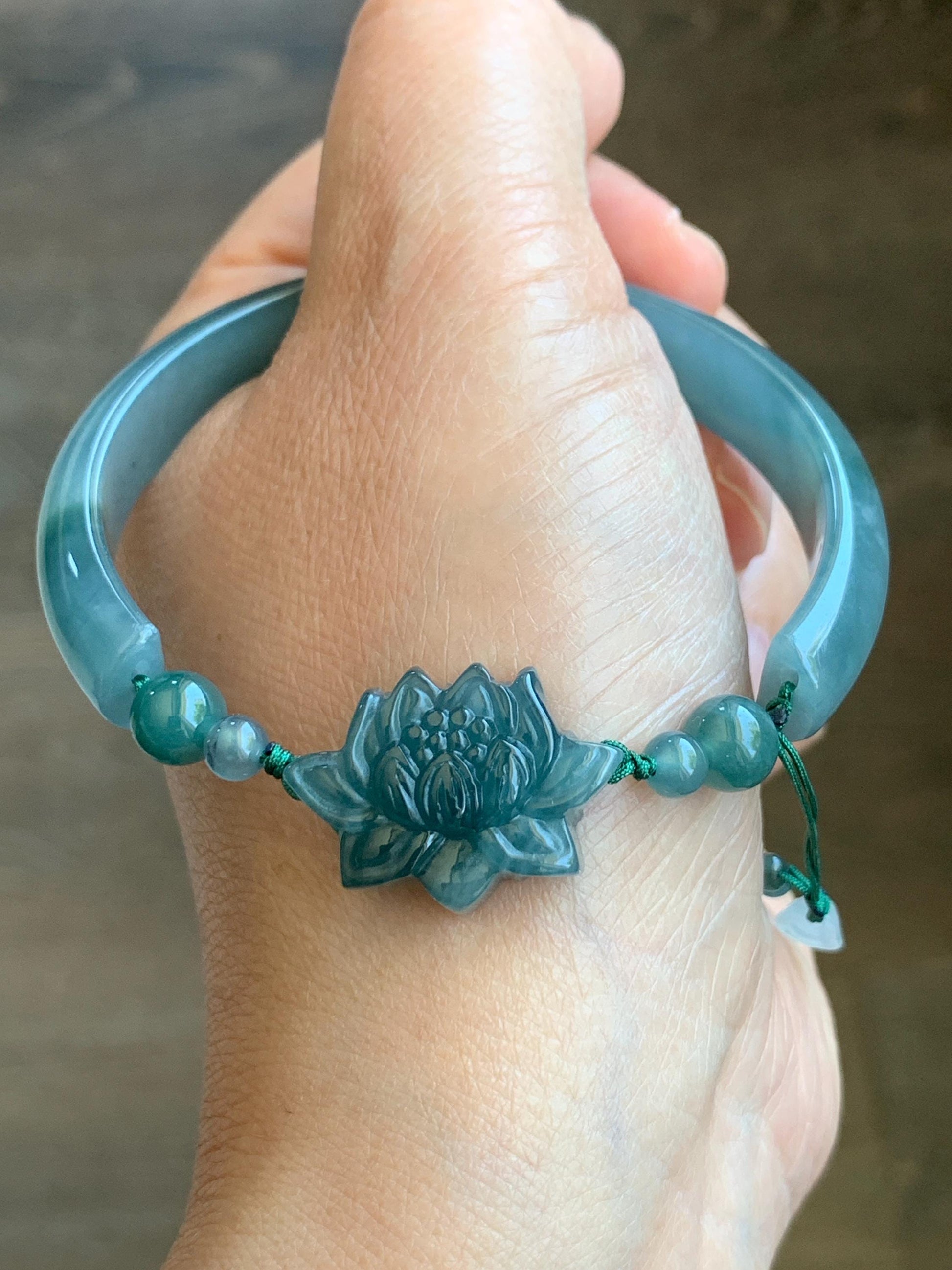 Natural Guatemalan Icy Translucent Dusty Teal Blue Jadeite Open Bangle Bracelet w/ Lotus Flower & Peapod Charms 55.8mm 天然老种冰胶危篮翡翠开口镯 LKZ360