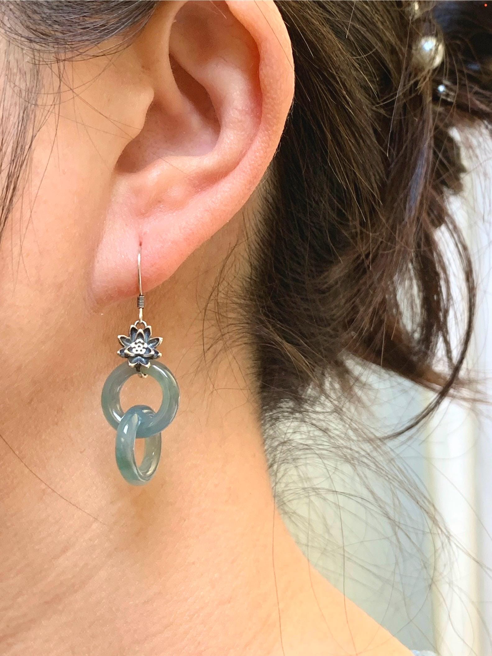 Natural Guatemalan Icy Translucent Gelatinous Dusty Blue Jade Jadeite Interlocking Rings Earrings Sterling Silver 天然冰危蓝翡翠环环相扣耳吊 HHK179