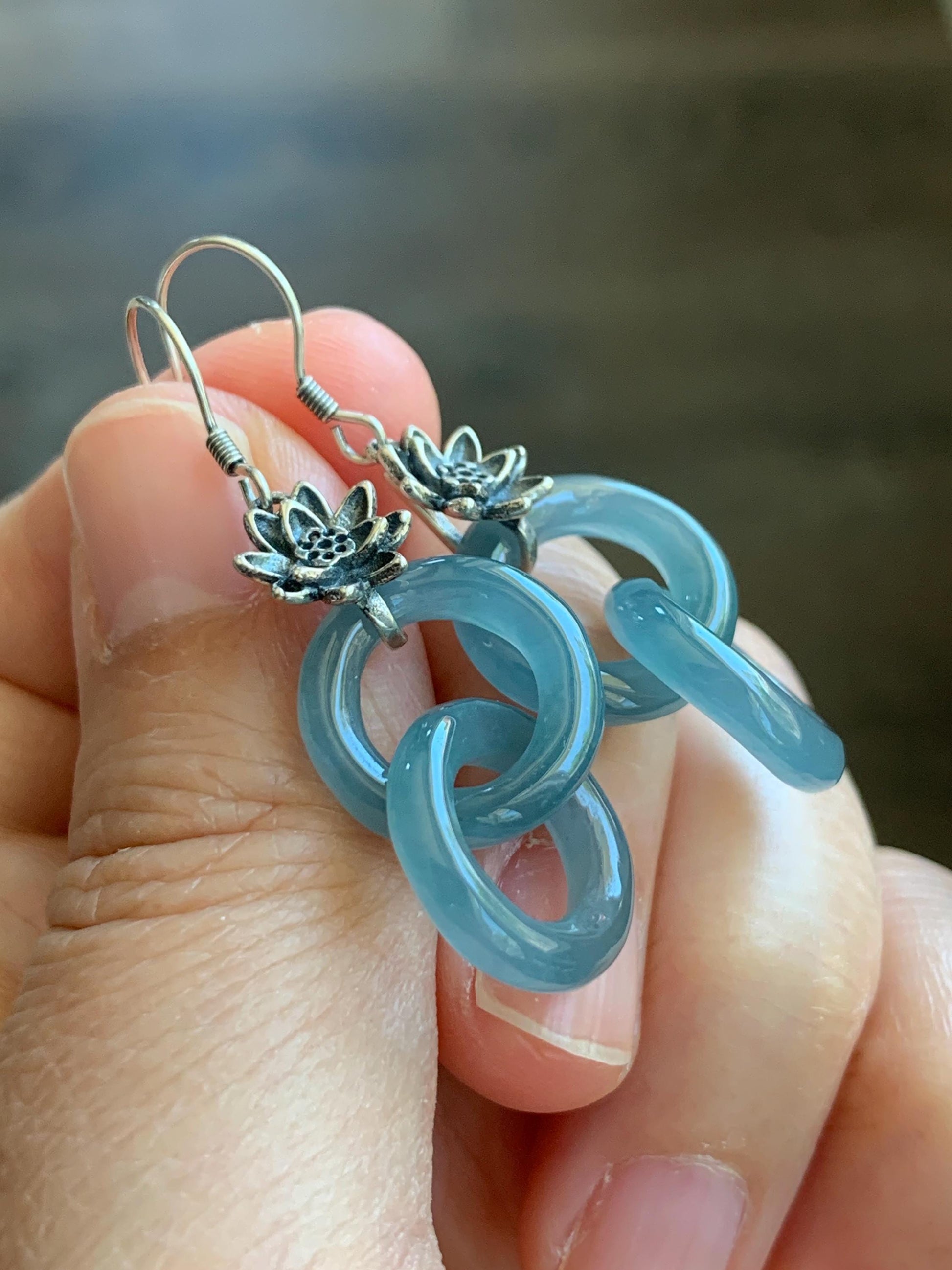 Natural Guatemalan Icy Translucent Gelatinous Dusty Blue Jade Jadeite Interlocking Rings Earrings Sterling Silver 天然冰危蓝翡翠环环相扣耳吊 HHK179