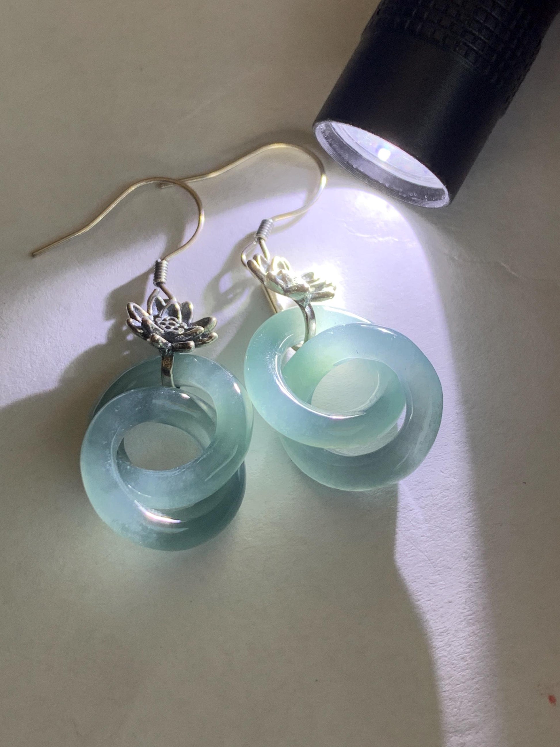 Natural Guatemalan Icy Translucent Gelatinous Dusty Blue Jade Jadeite Interlocking Rings Earrings Sterling Silver 天然冰危蓝翡翠环环相扣耳吊 HHK179