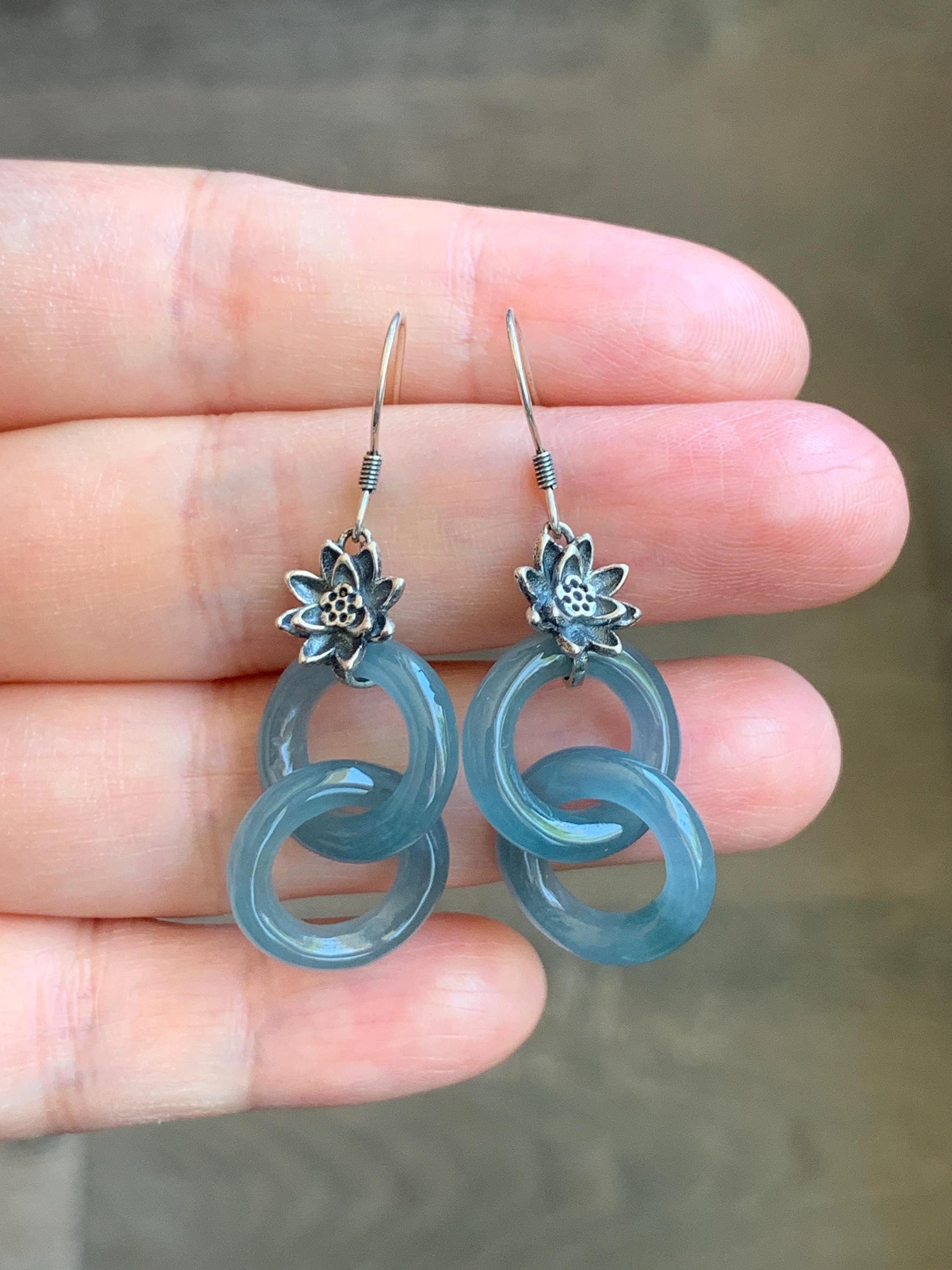 Natural Guatemalan Icy Translucent Gelatinous Dusty Blue Jade Jadeite Interlocking Rings Earrings Sterling Silver 天然冰危蓝翡翠环环相扣耳吊 HHK179