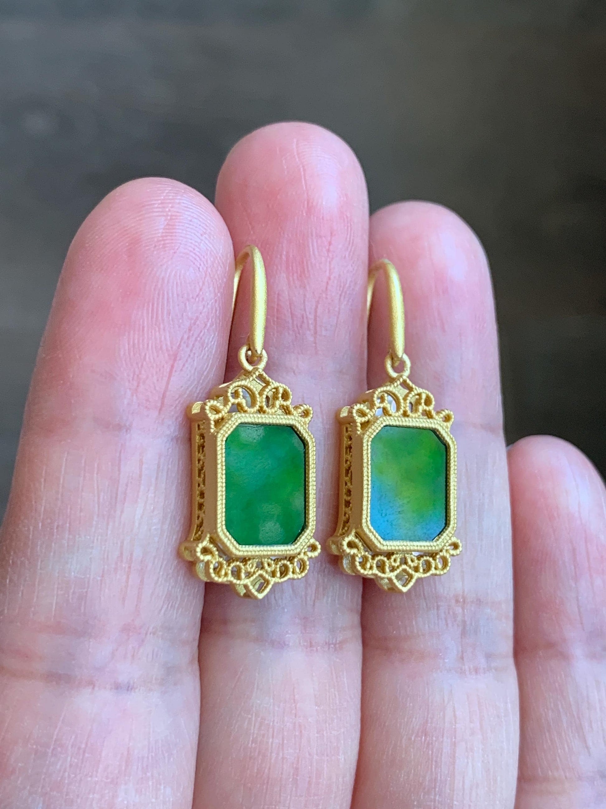 Natural Grade A Icy Vibrant Hot Green Jade Jadeite MOP Dangle Hook Earrings S925 Sterling Silver Yellow Gold Overlay 天然花青翡翠银镶耳钩 HQF350