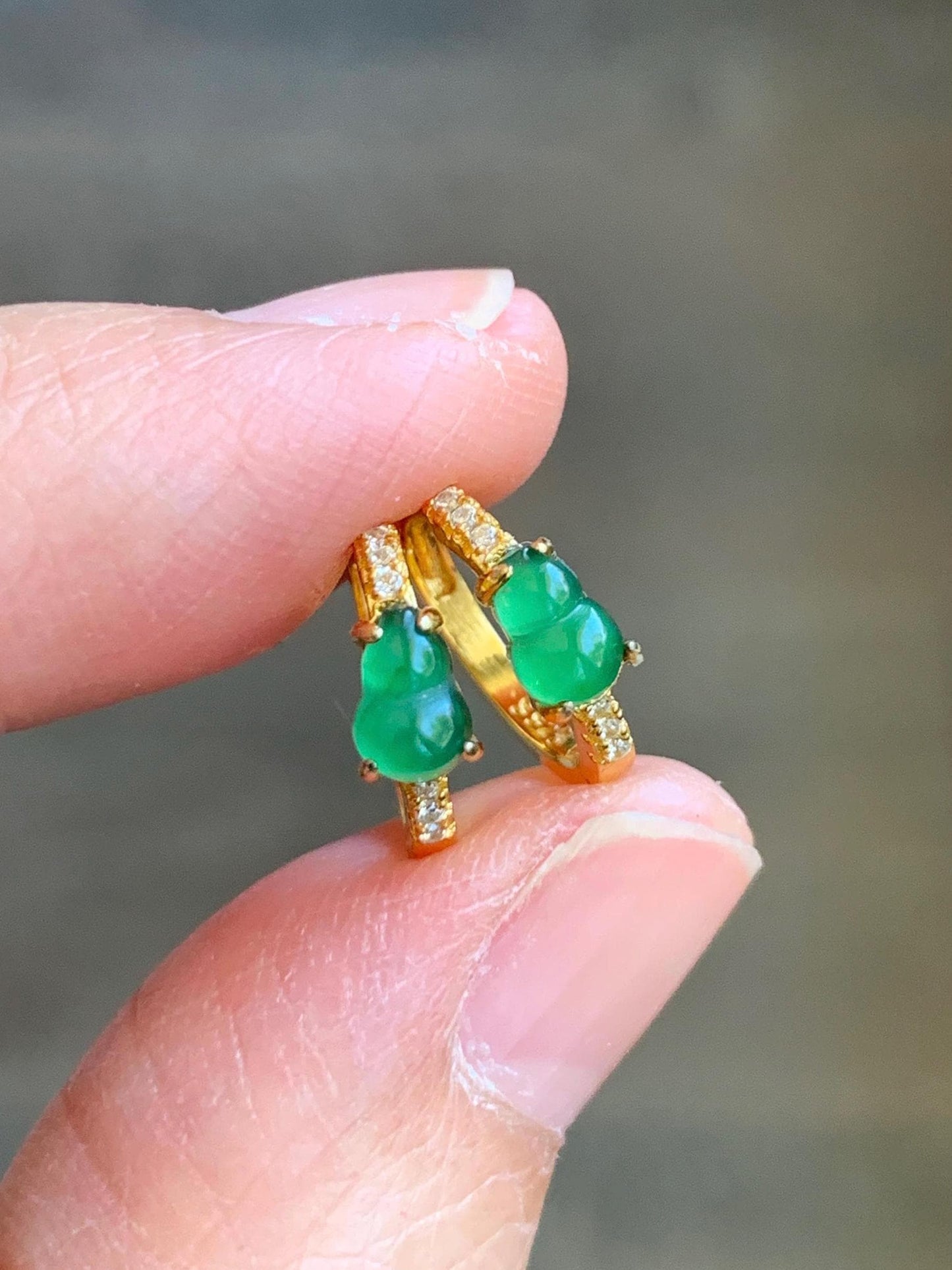 Natural Guatemalan Icy Translucent Vibrant Green Gourd Jadeite Hoop Huggie Earrings Sterling Silver Yellow Gold Overlay 天然冰危绿翡翠葫芦银镶耳包 XHL68