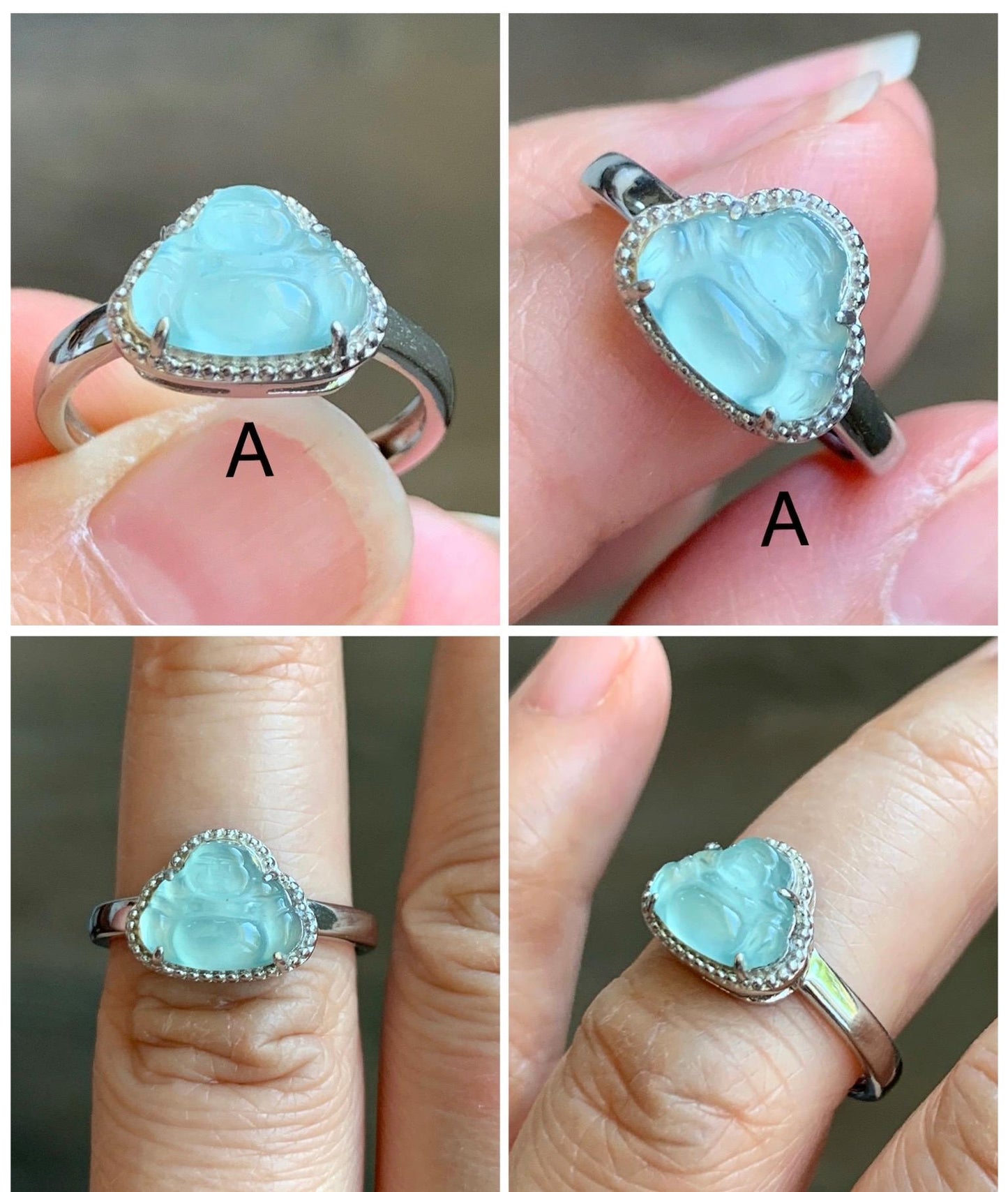 Natural Guatemalan Garde A Icy Highly Translucent Pastel Blue Jadeite Petite Buddha Ring Sterling Silver Adjustable 天然高冰危浅蓝翡翠小佛公银镶戒指 WLP55