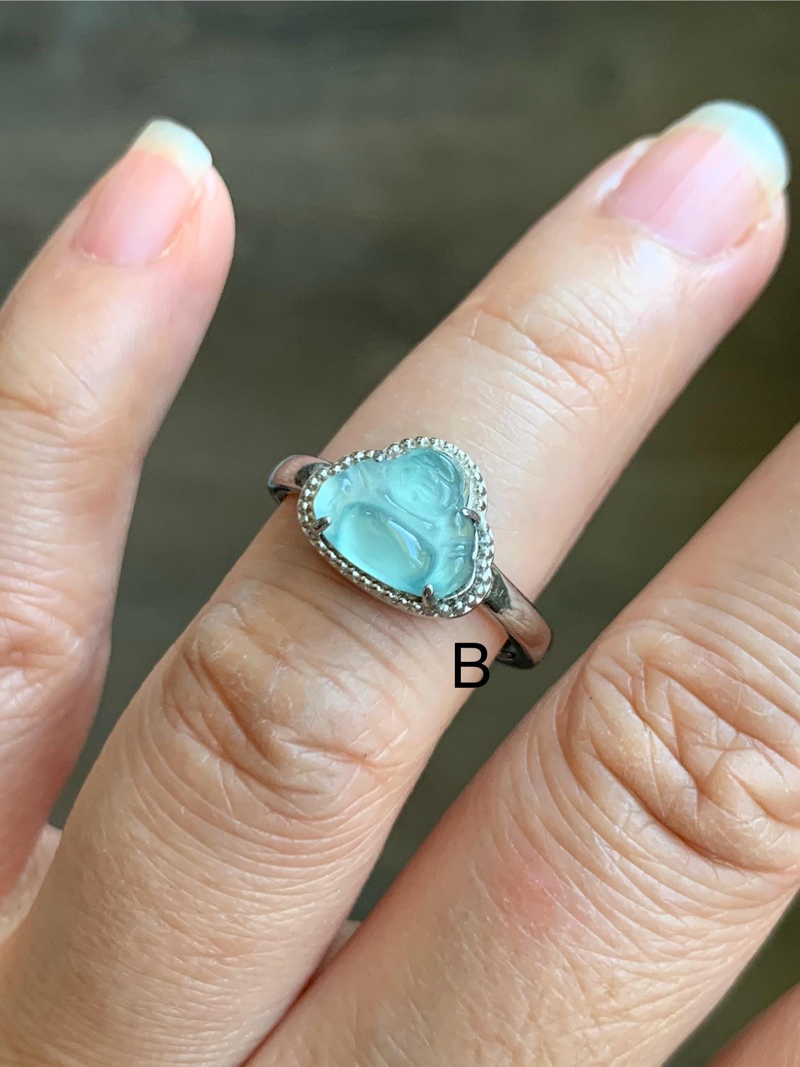 Natural Guatemalan Garde A Icy Highly Translucent Pastel Blue Jadeite Petite Buddha Ring Sterling Silver Adjustable 天然高冰危浅蓝翡翠小佛公银镶戒指 WLP55