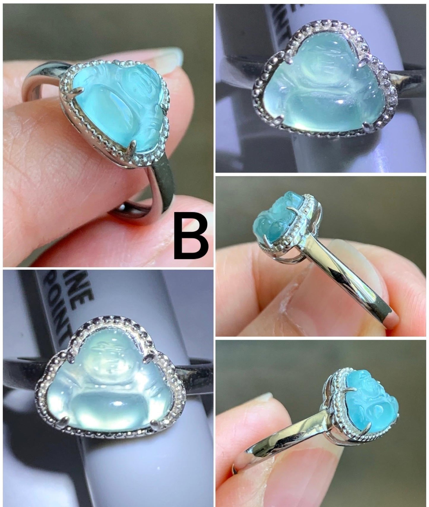 Natural Guatemalan Garde A Icy Highly Translucent Pastel Blue Jadeite Petite Buddha Ring Sterling Silver Adjustable 天然高冰危浅蓝翡翠小佛公银镶戒指 WLP55