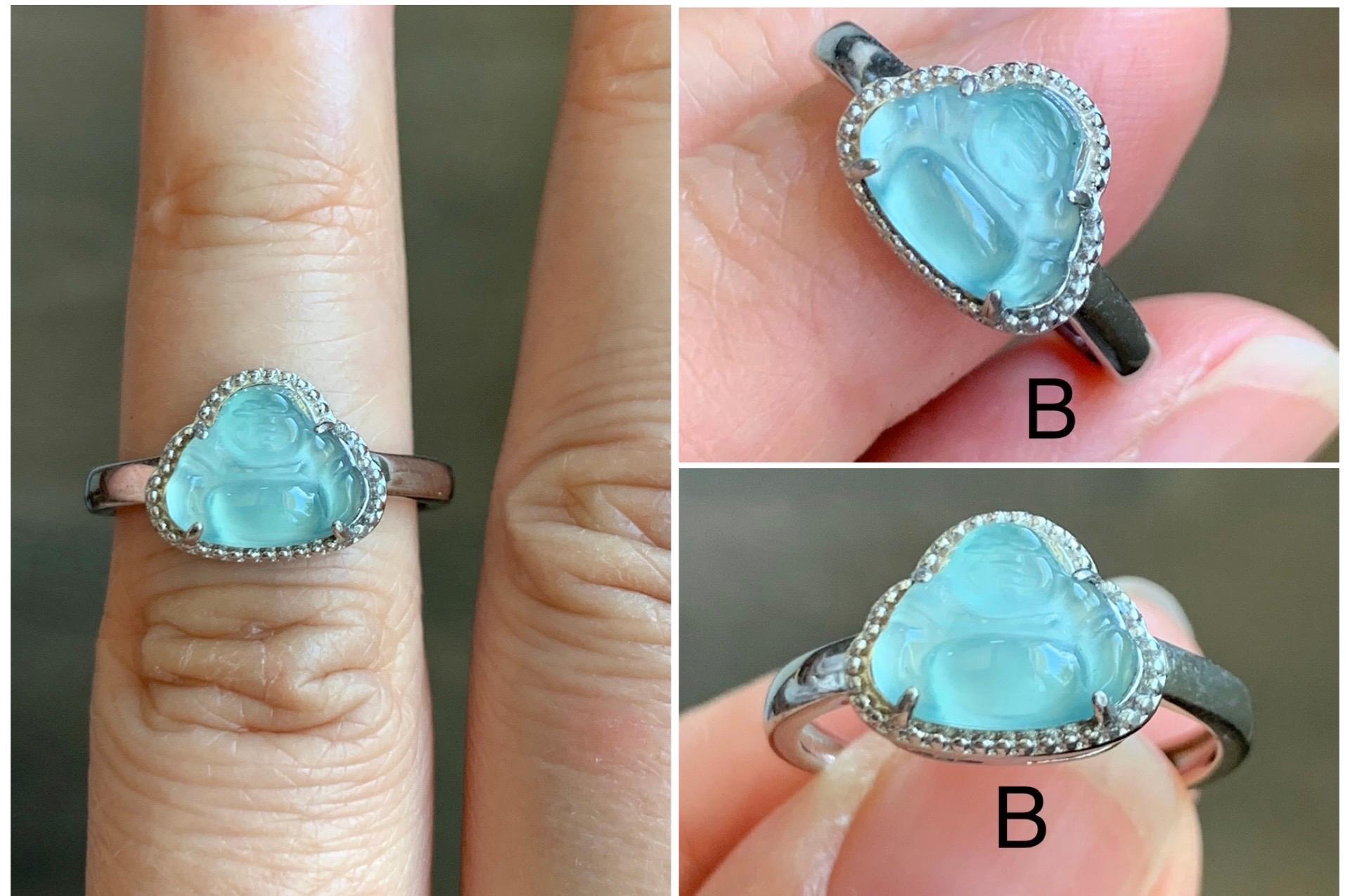 Natural Guatemalan Garde A Icy Highly Translucent Pastel Blue Jadeite Petite Buddha Ring Sterling Silver Adjustable 天然高冰危浅蓝翡翠小佛公银镶戒指 WLP55