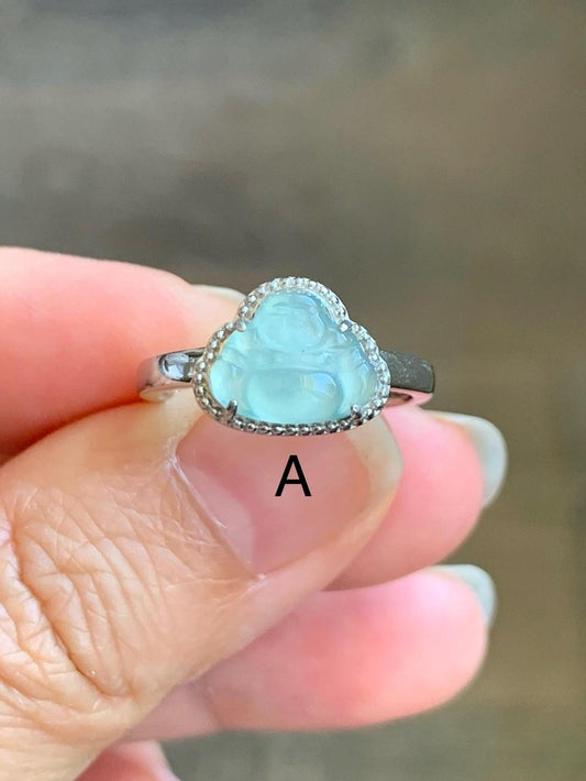 Natural Guatemalan Garde A Icy Highly Translucent Pastel Blue Jadeite Petite Buddha Ring Sterling Silver Adjustable 天然高冰危浅蓝翡翠小佛公银镶戒指 WLP55