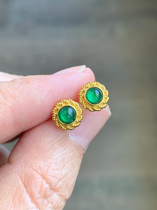 Petite Natural Grade A Guatemalan Icy Highly Translucent Vibrant Green Jade Jadeite Stud Earrings Sterling Silver YG 天然冰危绿翡翠银耳钉 XWD45