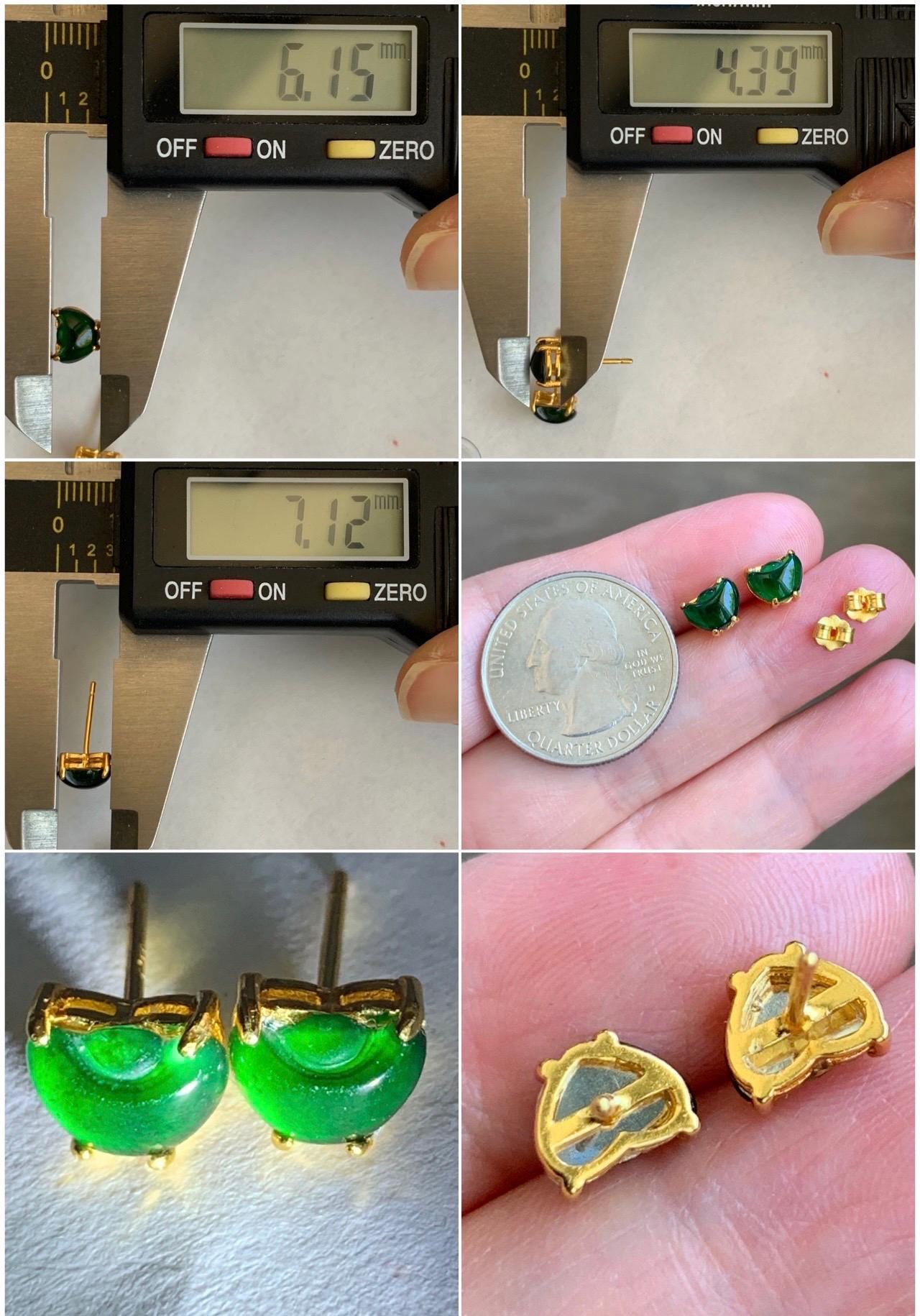 Petite Natural Grade A Guatemalan Icy Translucent Green Jade Jadeite Carved Gold Ingot Stud Earrings Sterling Silver YG 天然冰危绿翡翠元宝耳钉 WYB68