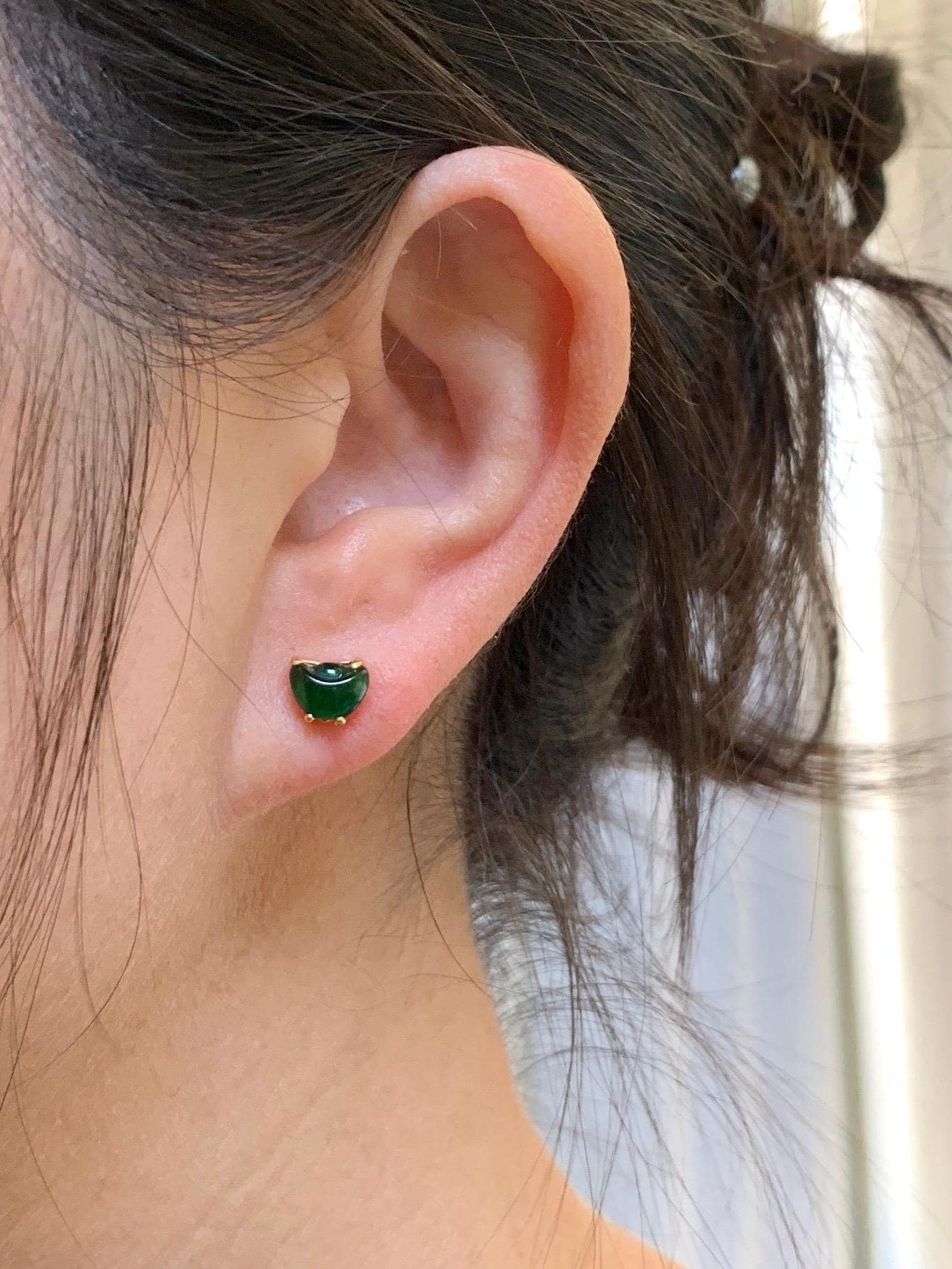 Petite Natural Grade A Guatemalan Icy Translucent Green Jade Jadeite Carved Gold Ingot Stud Earrings Sterling Silver YG 天然冰危绿翡翠元宝耳钉 WYB68