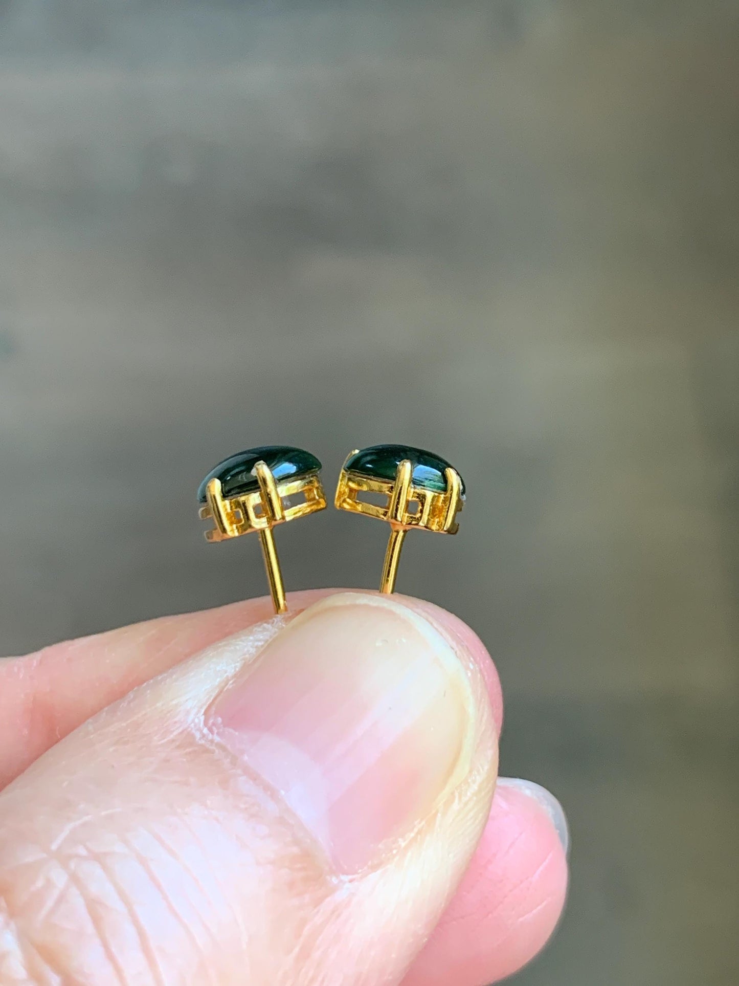Petite Natural Grade A Guatemalan Icy Translucent Green Jade Jadeite Carved Gold Ingot Stud Earrings Sterling Silver YG 天然冰危绿翡翠元宝耳钉 WYB68