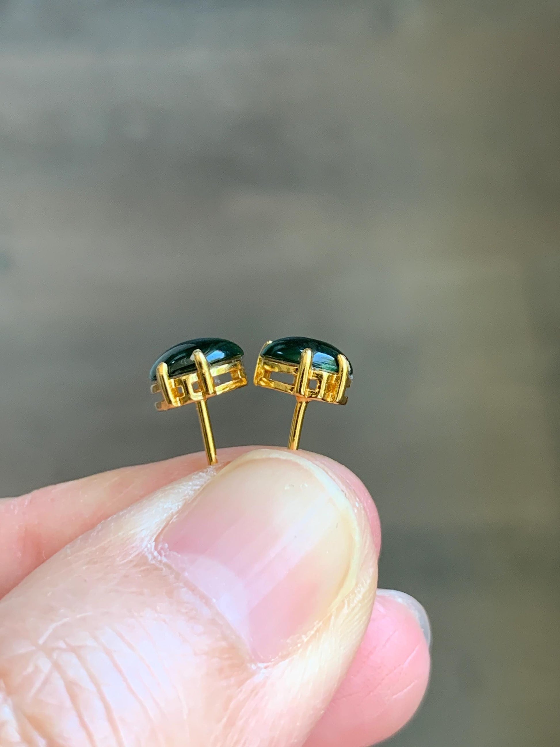 Petite Natural Grade A Guatemalan Icy Translucent Green Jade Jadeite Carved Gold Ingot Stud Earrings Sterling Silver YG 天然冰危绿翡翠元宝耳钉 WYB68