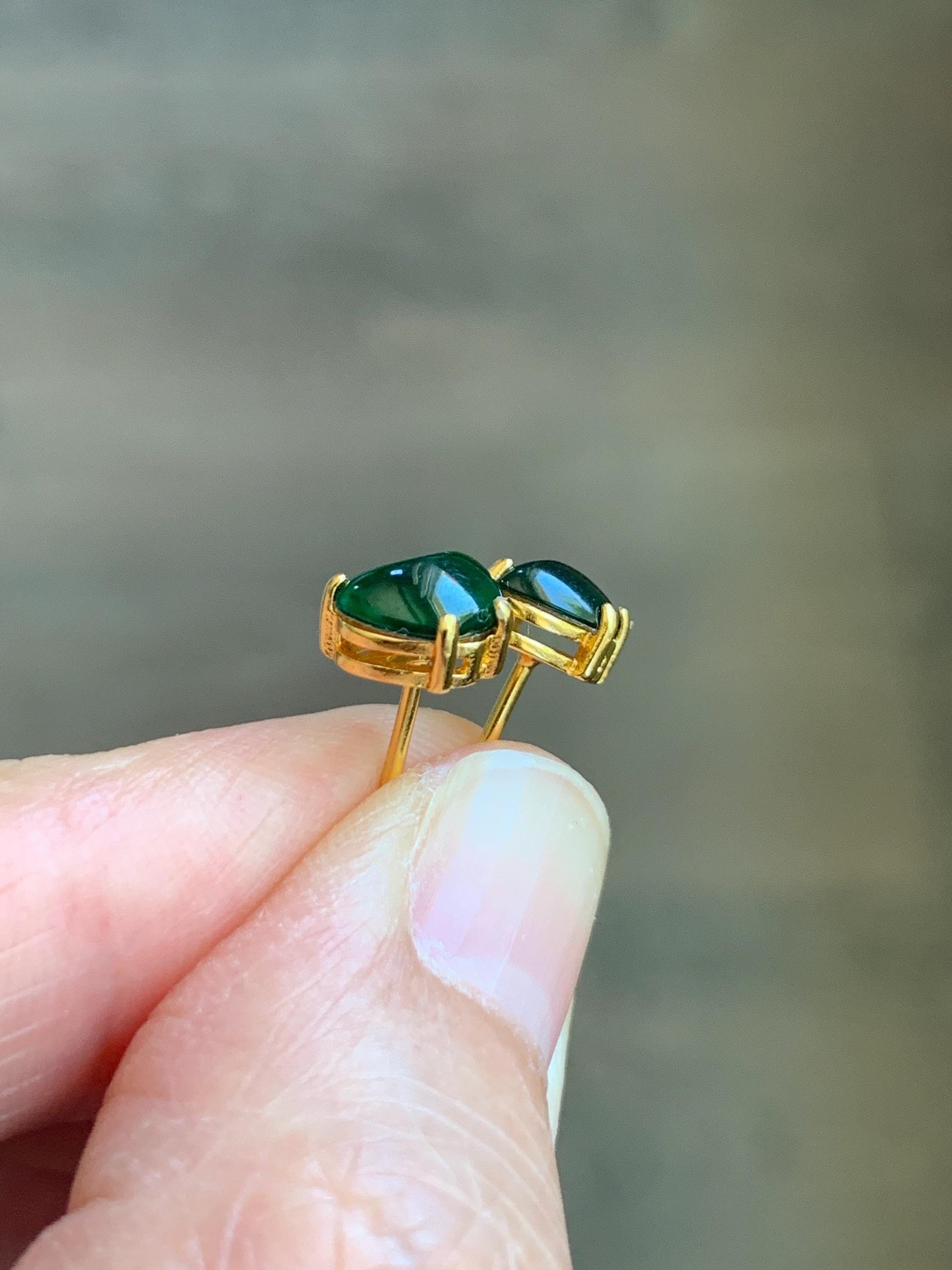 Petite Natural Grade A Guatemalan Icy Translucent Green Jade Jadeite Carved Gold Ingot Stud Earrings Sterling Silver YG 天然冰危绿翡翠元宝耳钉 WYB68