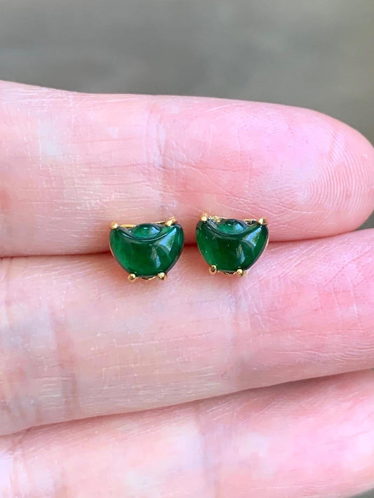 Petite Natural Grade A Guatemalan Icy Translucent Green Jade Jadeite Carved Gold Ingot Stud Earrings Sterling Silver YG 天然冰危绿翡翠元宝耳钉 WYB68