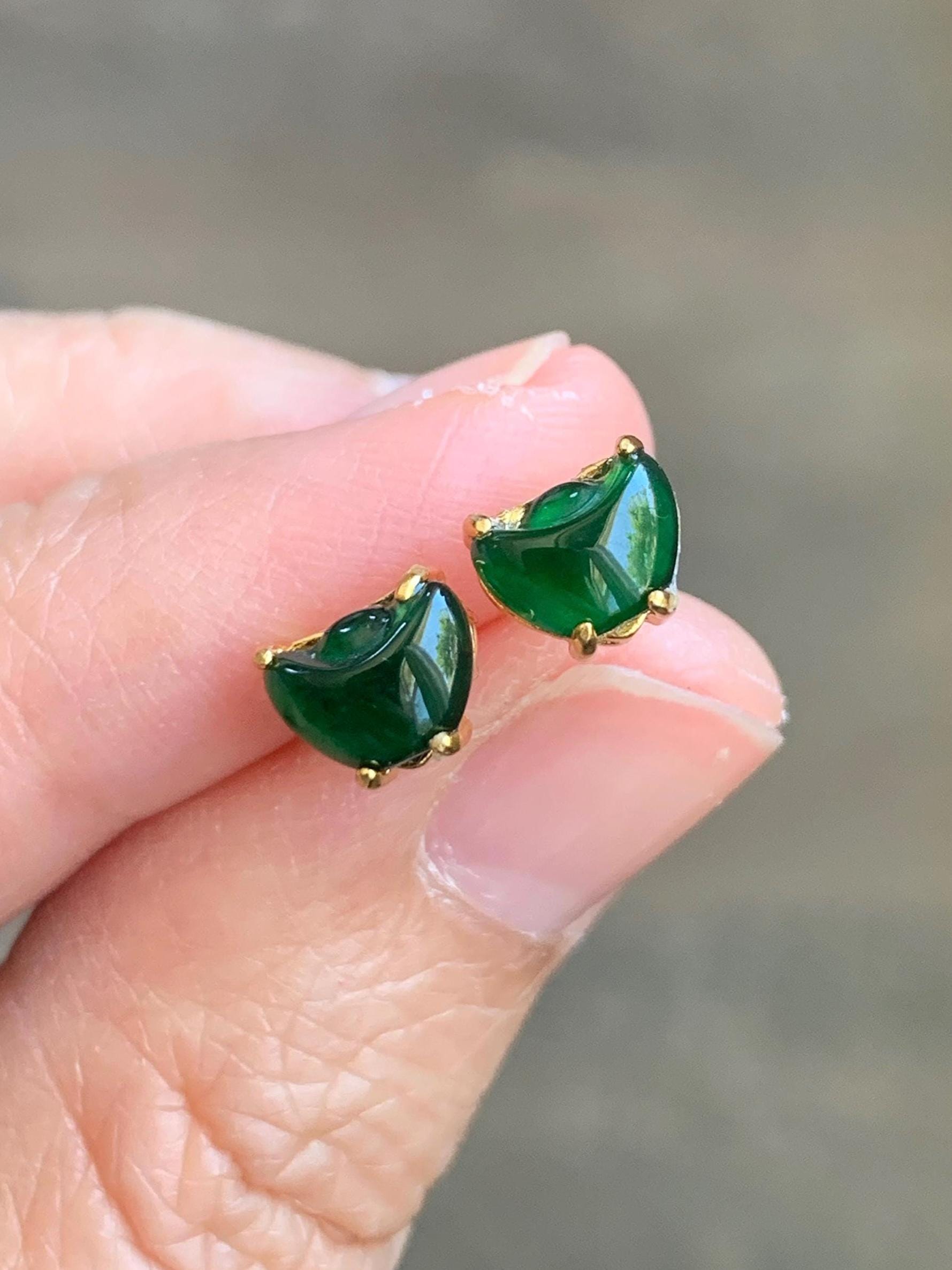Petite Natural Grade A Guatemalan Icy Translucent Green Jade Jadeite Carved Gold Ingot Stud Earrings Sterling Silver YG 天然冰危绿翡翠元宝耳钉 WYB68