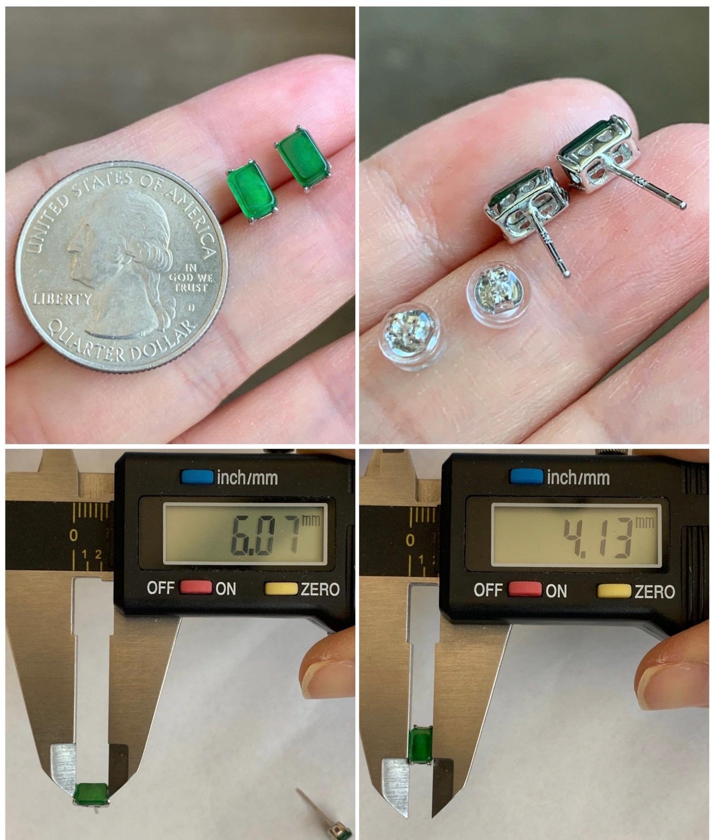 Natural Grade A Guatemalan Icy Translucent Vibrant Green Jade Jadeite Rectangle Cabochon Stud Earrings Sterling Silver 天然冰危绿翡翠银镶耳钉 XFT55-Y