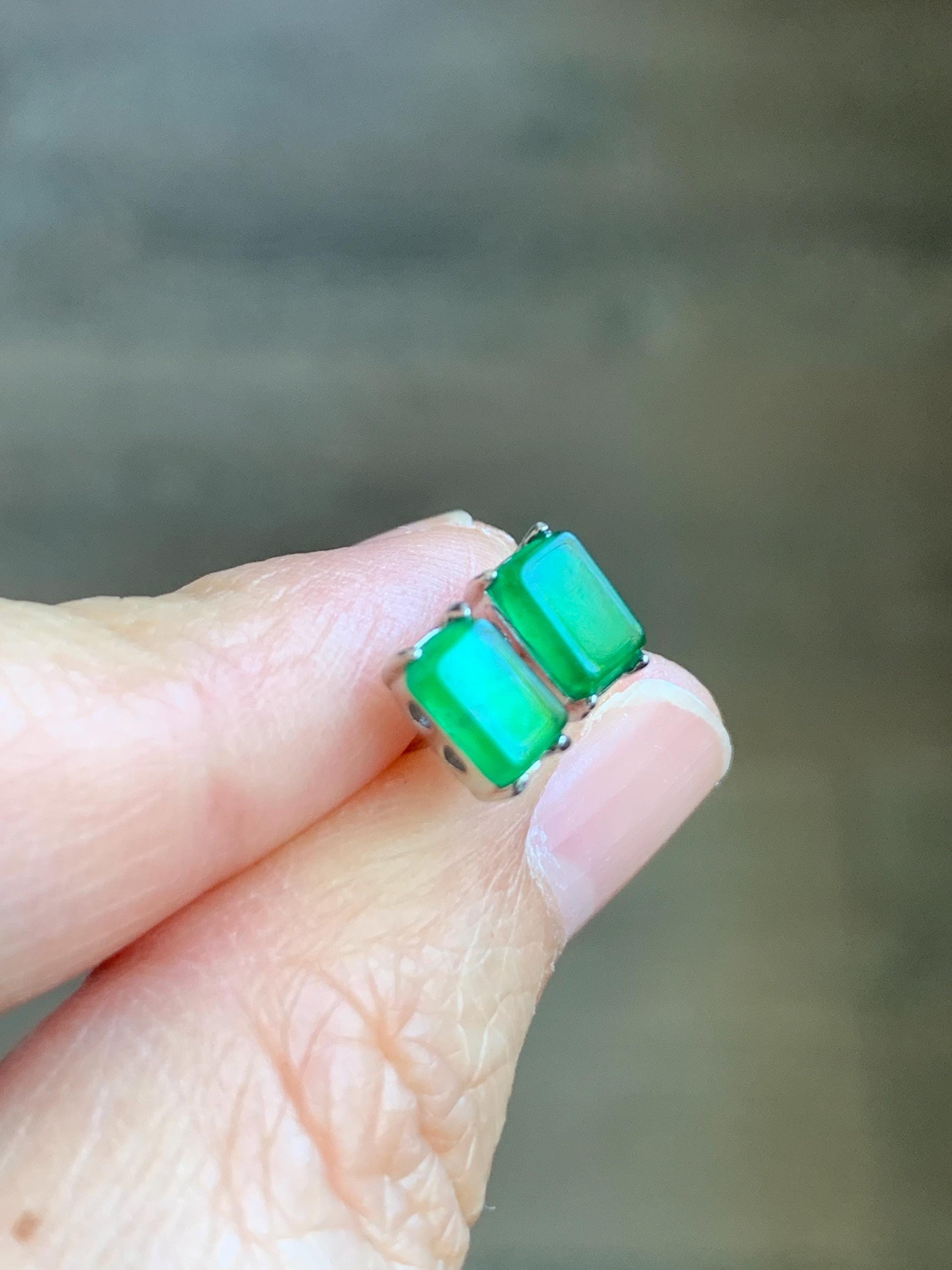 Natural Grade A Guatemalan Icy Translucent Vibrant Green Jade Jadeite Rectangle Cabochon Stud Earrings Sterling Silver 天然冰危绿翡翠银镶耳钉 XFT55-Y