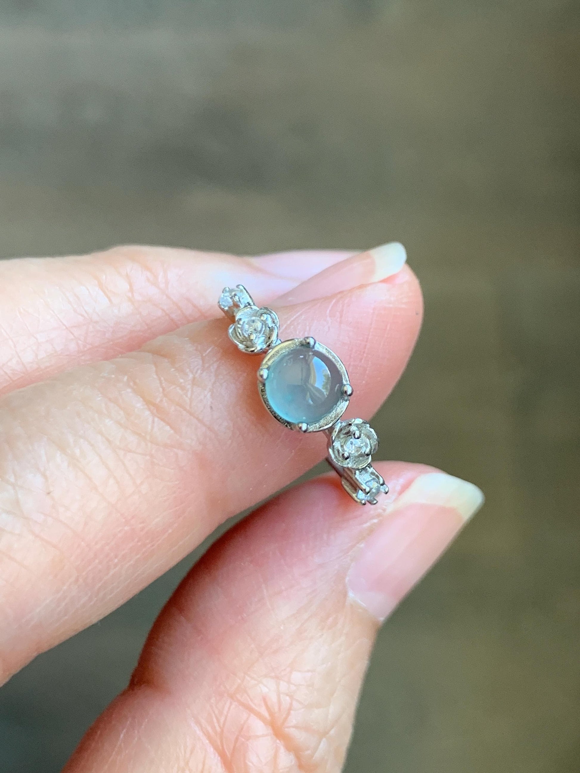 Natural Grade A Guatemalan Icy Highly Translucent Pastel Blue Jadeite Bypass Ring Sterling Silver Size 7 Adjustable 天然冰危淡蓝翡翠开口银镶戒指 MWL150B