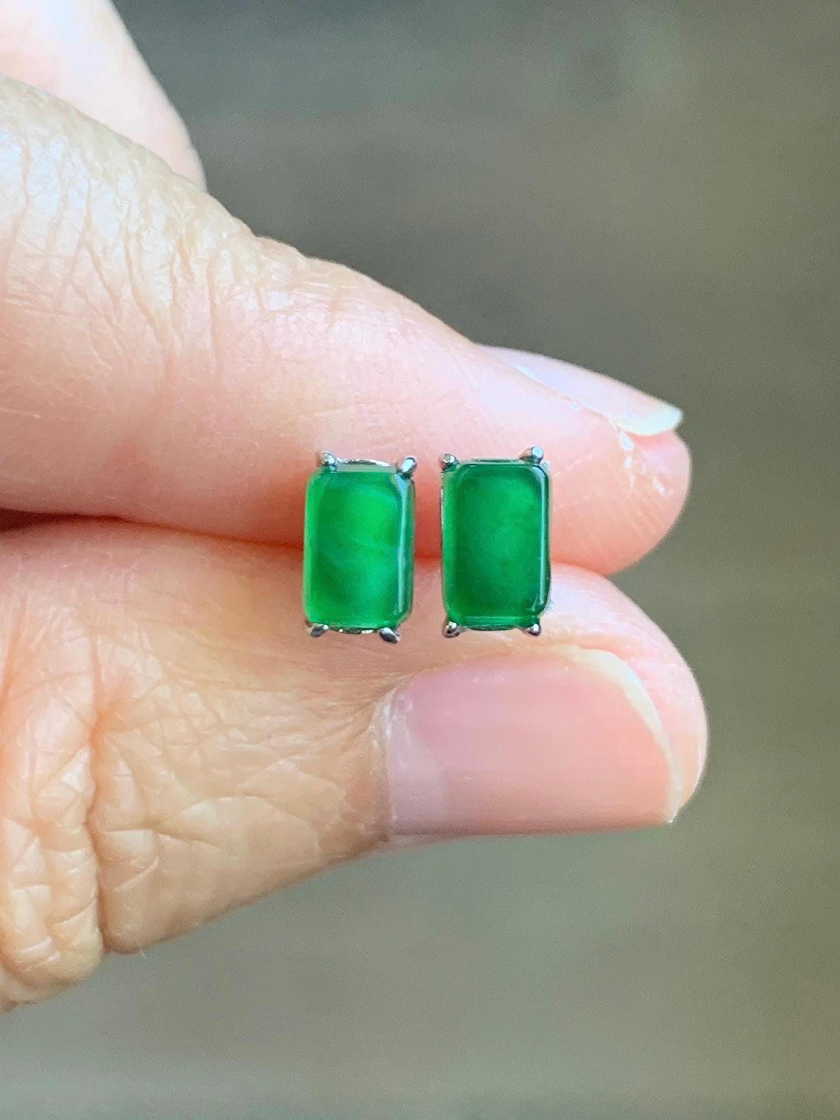 Natural Grade A Guatemalan Icy Translucent Vibrant Green Jade Jadeite Rectangle Cabochon Stud Earrings Sterling Silver 天然冰危绿翡翠银镶耳钉 XFT55-Y