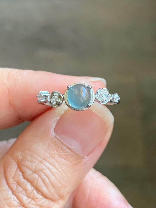 Natural Grade A Guatemalan Icy Highly Translucent Pastel Blue Jadeite Bypass Ring Sterling Silver Size 7 Adjustable 天然冰危淡蓝翡翠开口银镶戒指 MWL150B