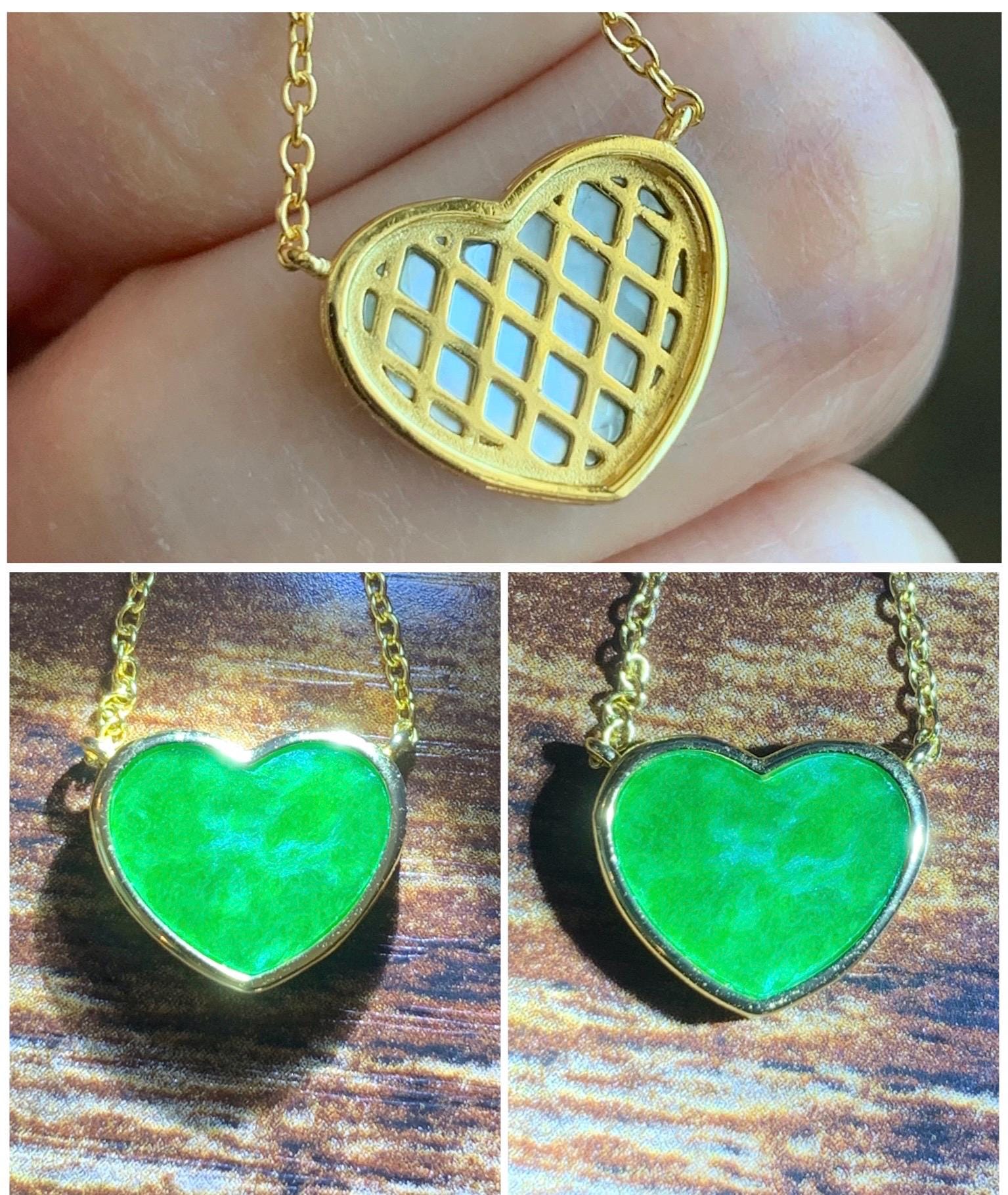Certified Natural Grade A Translucent Vibrant Green Jadeite Heart Pendant Necklace Sterling Silver YG Overlay 天然花青爱心翡翠蛋面银镶锁骨链套链 1668