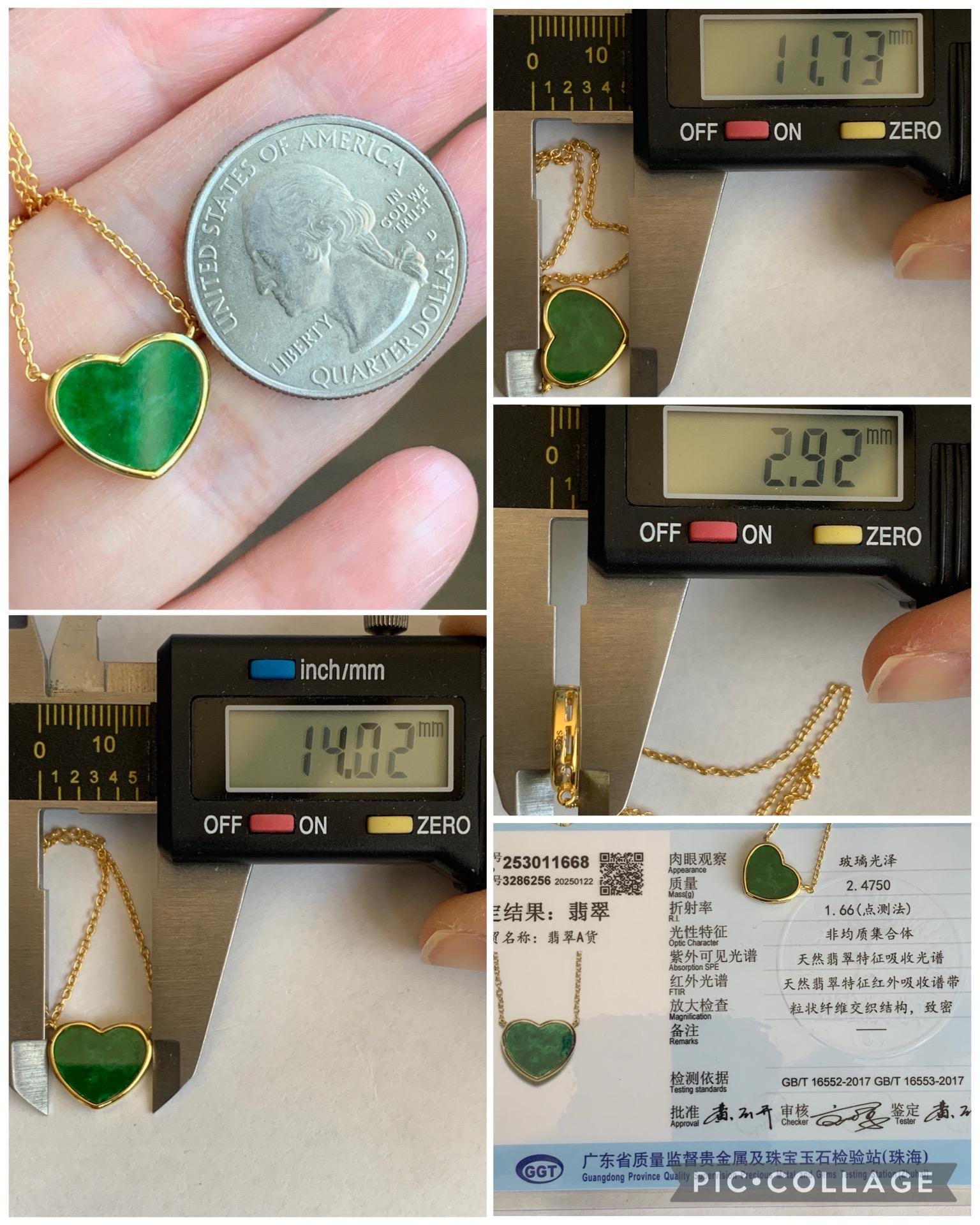 Certified Natural Grade A Translucent Vibrant Green Jadeite Heart Pendant Necklace Sterling Silver YG Overlay 天然花青爱心翡翠蛋面银镶锁骨链套链 1668