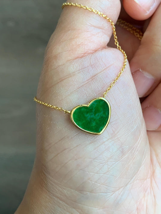 Certified Natural Grade A Translucent Vibrant Green Jadeite Heart Pendant Necklace Sterling Silver YG Overlay 天然花青爱心翡翠蛋面银镶锁骨链套链 1668