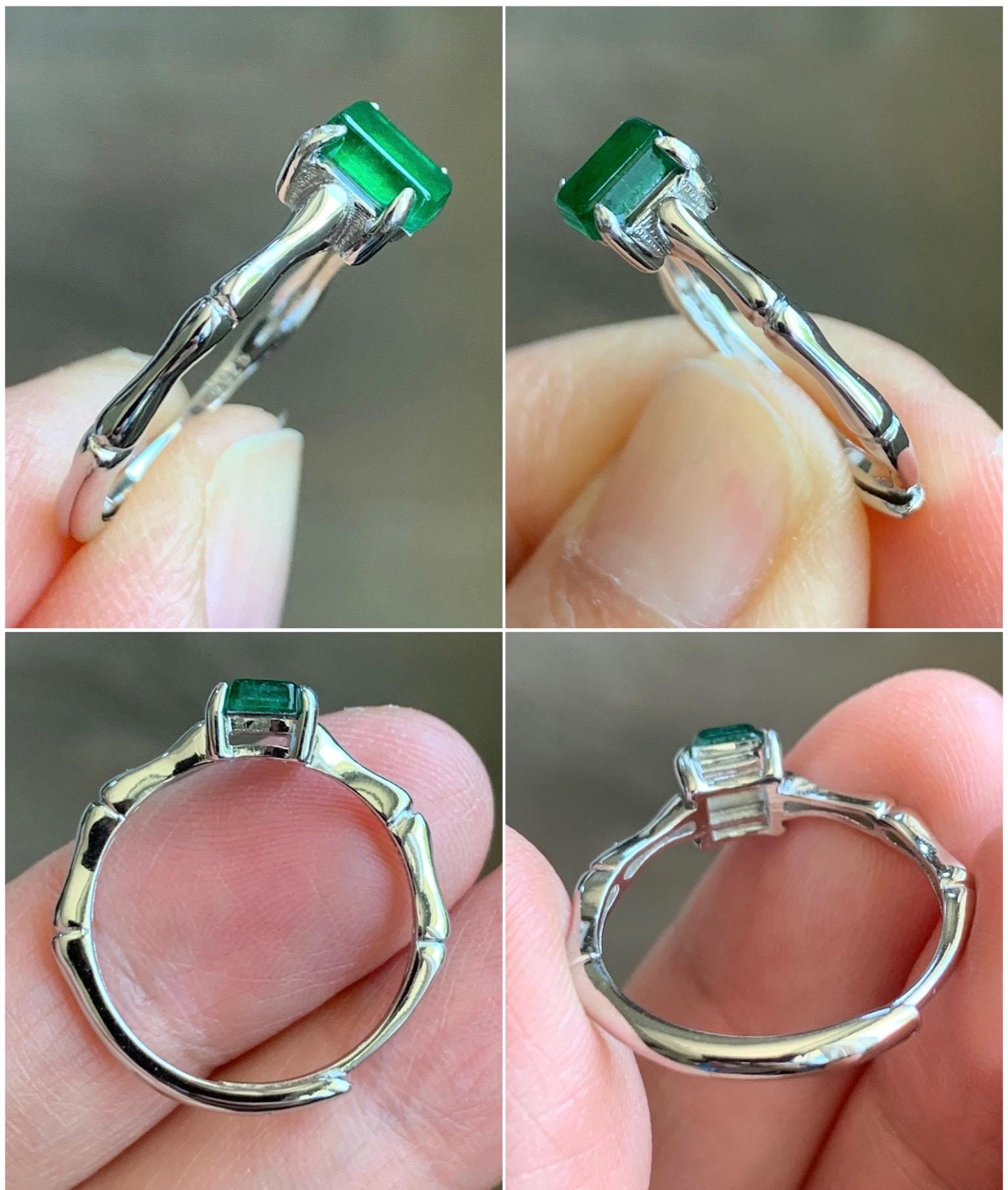 Natural Grade A Guatemalan Icy Translucent Vibrant Green Jadeite Bamboo Ring Sterling Silver Size Adjustable 天然冰危绿切割面翡翠竹节银镶戒指 ZJL55B