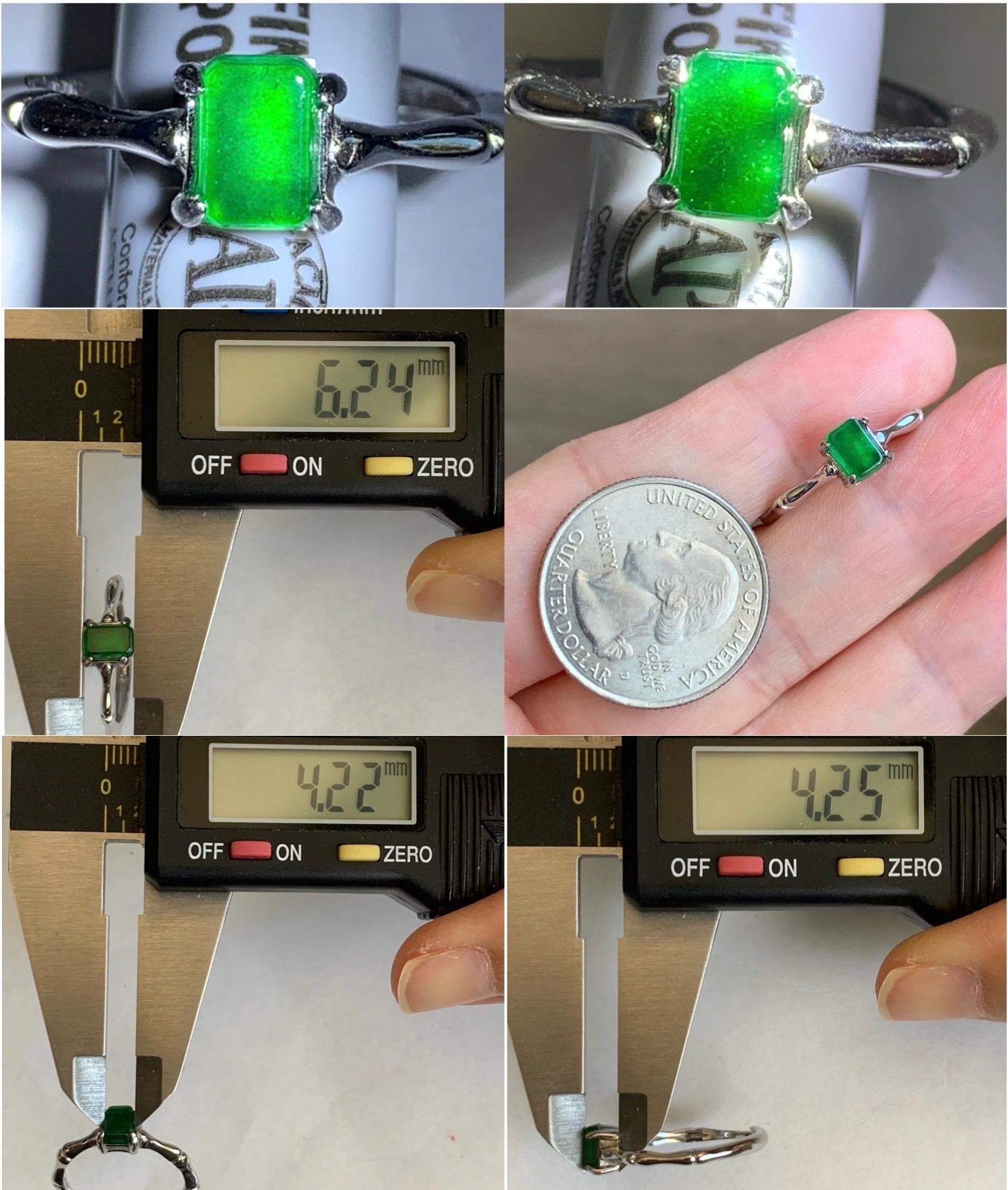 Natural Grade A Guatemalan Icy Translucent Vibrant Green Jadeite Bamboo Ring Sterling Silver Size Adjustable 天然冰危绿切割面翡翠竹节银镶戒指 ZJL55B