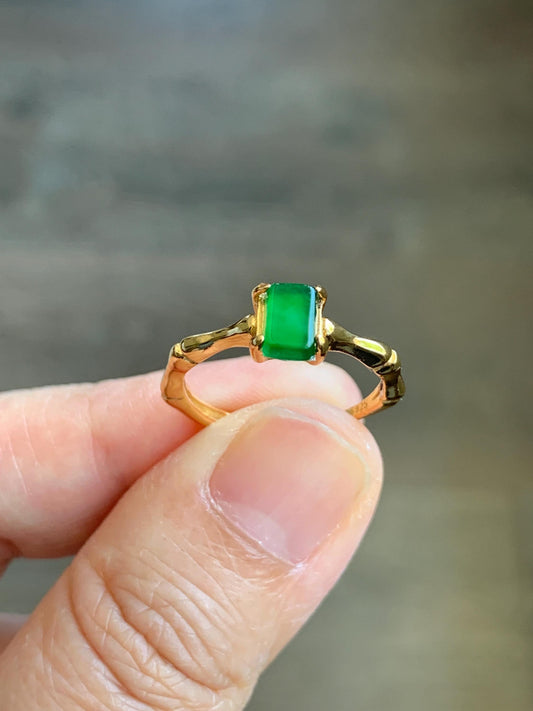 Natural Grade A Guatemalan Icy Translucent Vibrant Green Jade Jadeite Bamboo Ring Sterling Silver Size Adjustable 天然冰危绿切割面翡翠竹节银镶戒指 ZJL55C