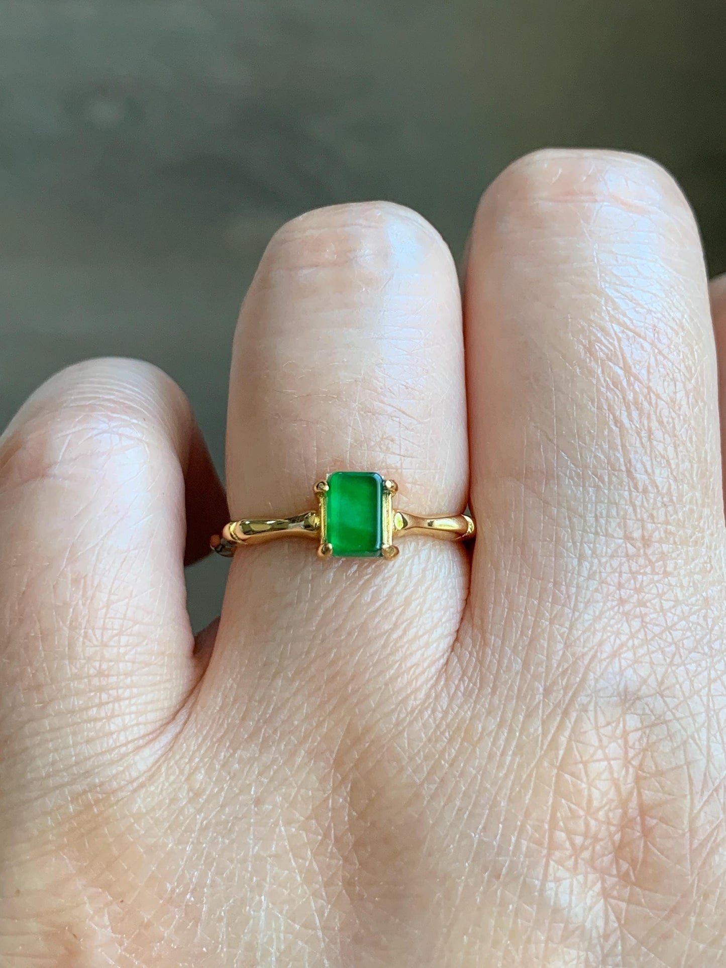 Natural Grade A Guatemalan Icy Translucent Vibrant Green Jade Jadeite Bamboo Ring Sterling Silver Size Adjustable 天然冰危绿切割面翡翠竹节银镶戒指 ZJL55C