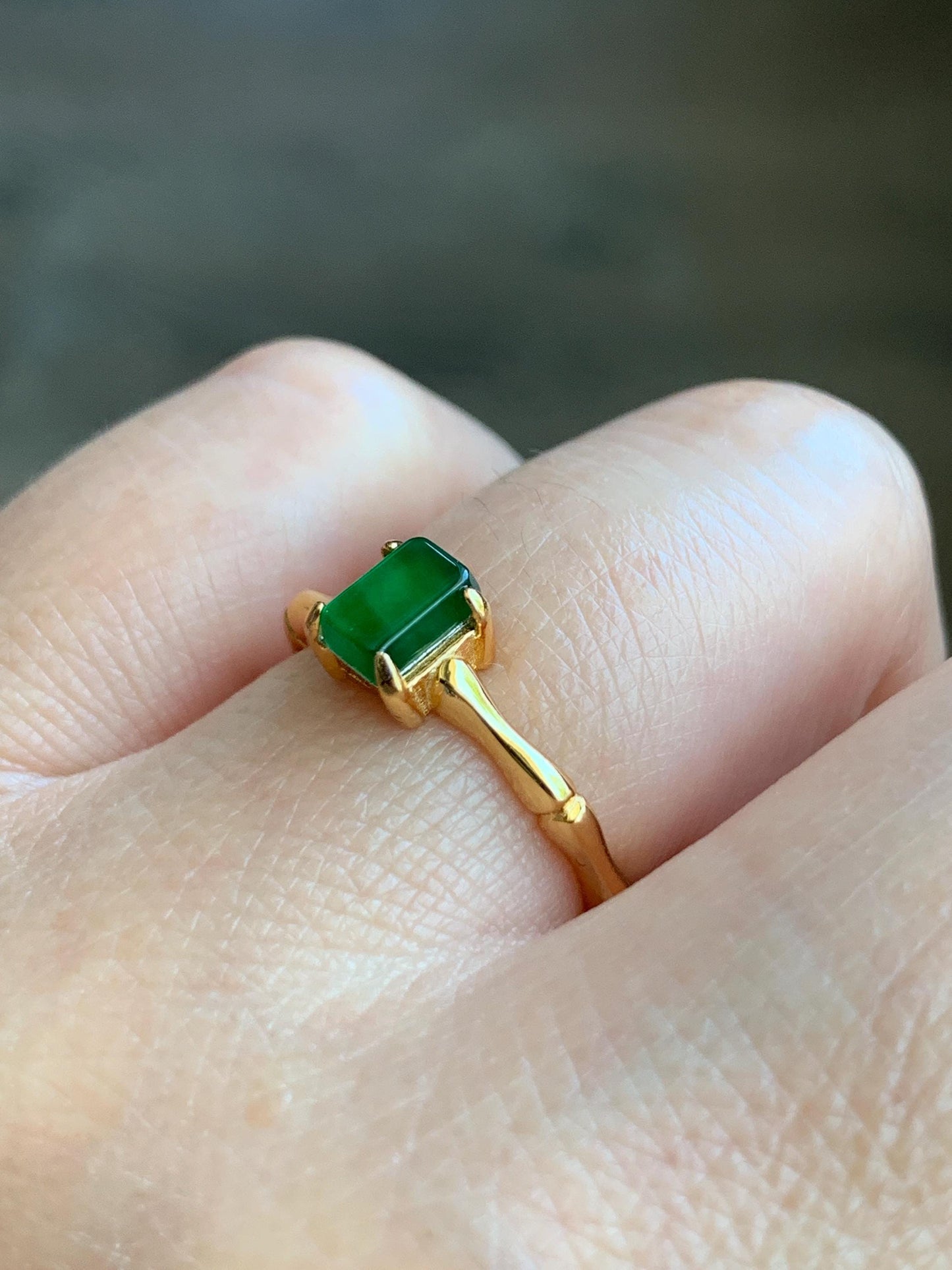 Natural Grade A Guatemalan Icy Translucent Vibrant Green Jade Jadeite Bamboo Ring Sterling Silver Size Adjustable 天然冰危绿切割面翡翠竹节银镶戒指 ZJL55C