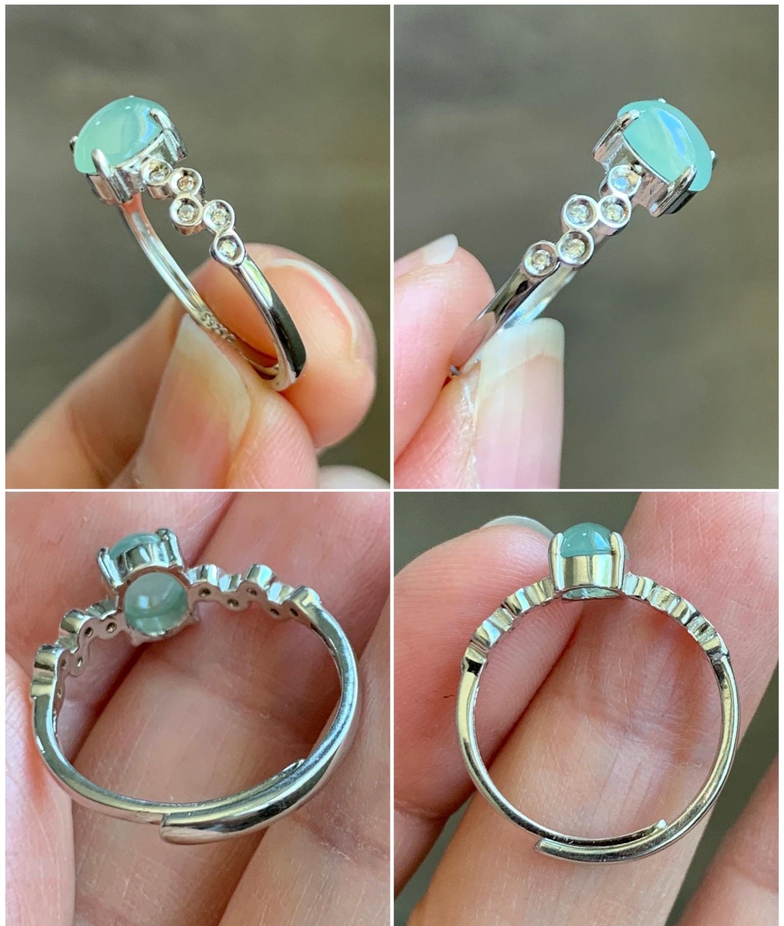 Natural Grade A Icy Highly Translucent Pastel Light Green Jade Jadeite Ring Sterling Silver Size 6.75 US Adjustable 天然起冰起光晴色翡翠银镶戒指 XMQ55A