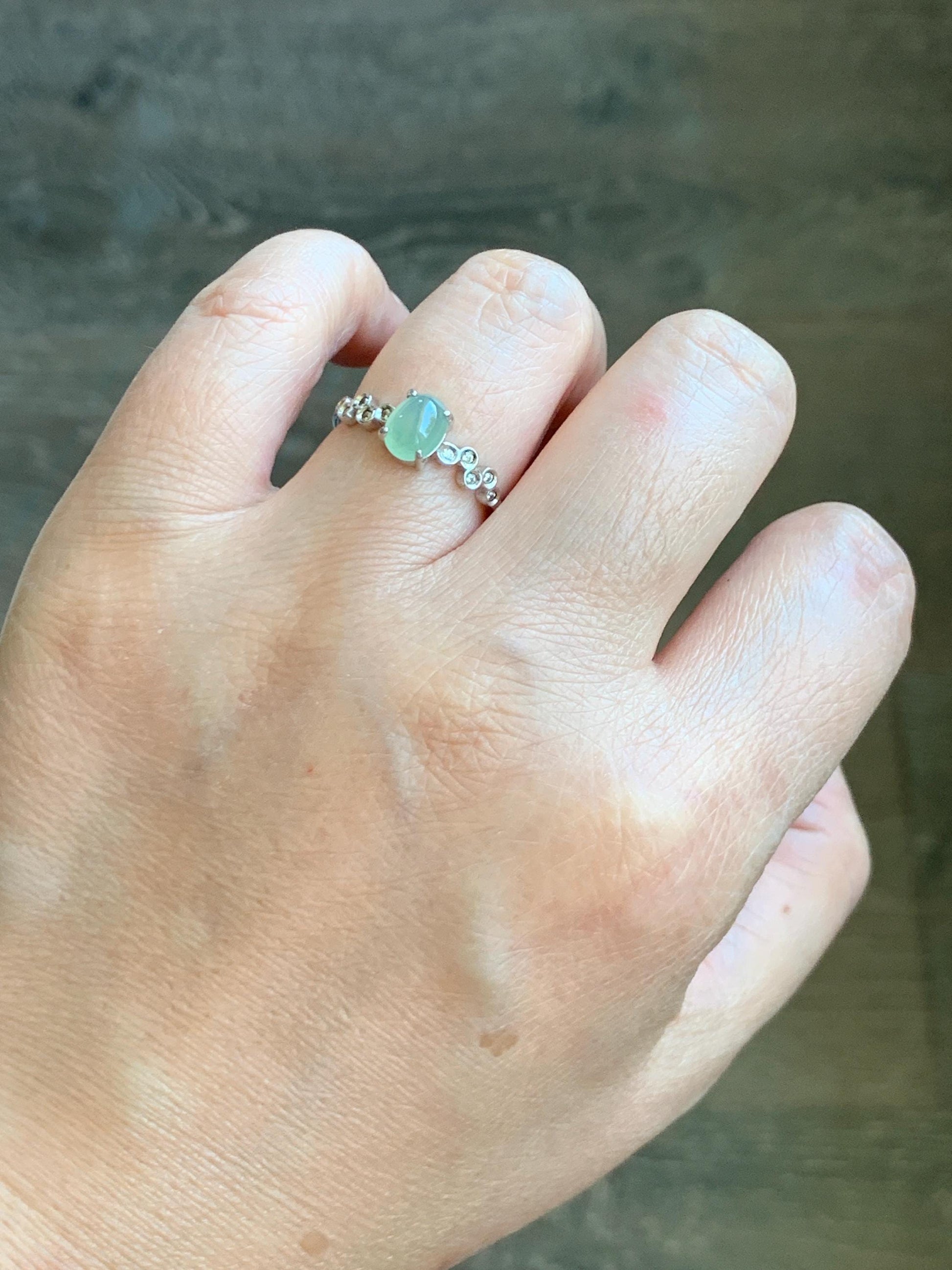 Natural Grade A Icy Highly Translucent Pastel Light Green Jade Jadeite Ring Sterling Silver Size 6.75 US Adjustable 天然起冰起光晴色翡翠银镶戒指 XMQ55A