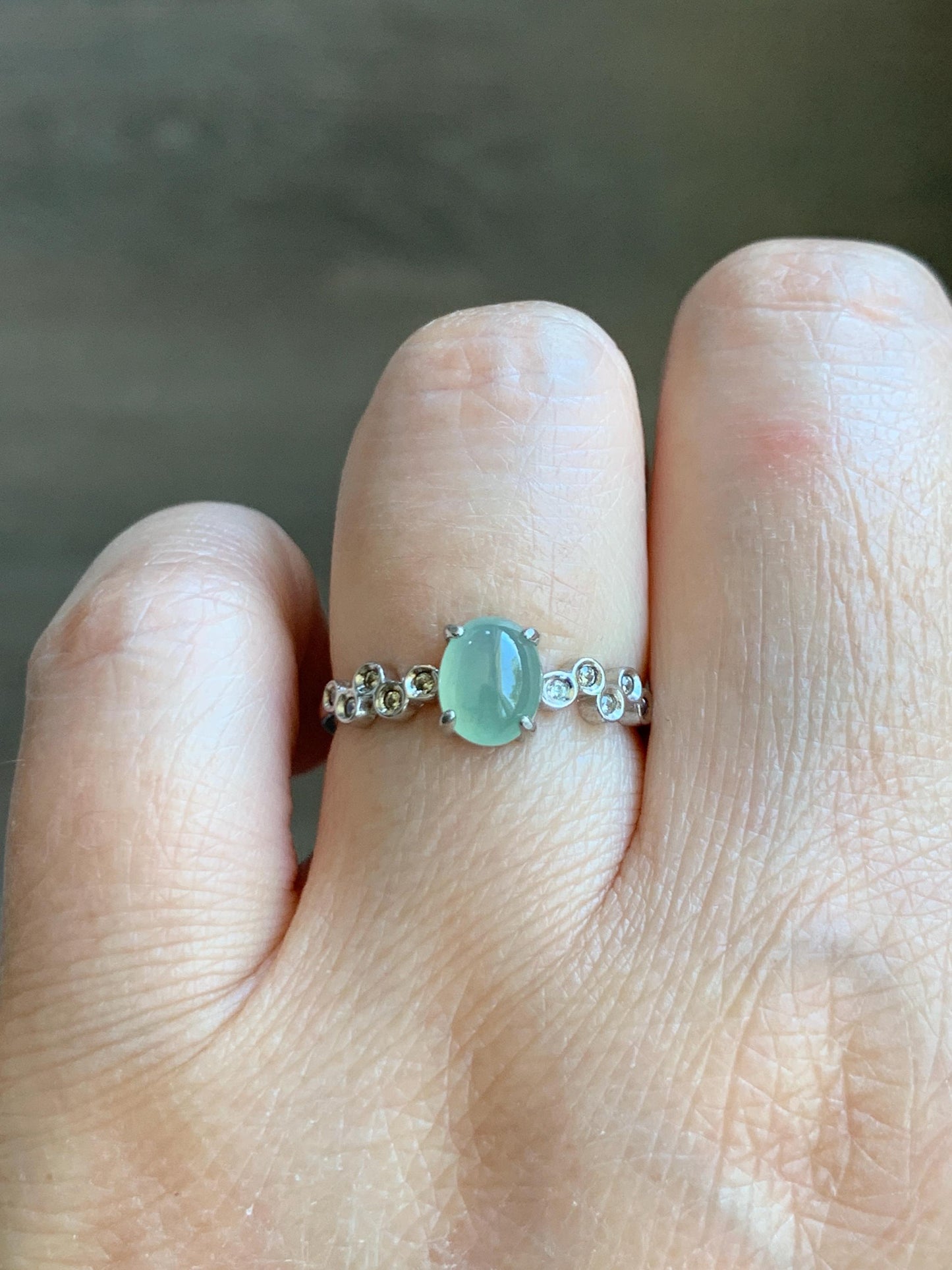 Natural Grade A Icy Highly Translucent Pastel Light Green Jade Jadeite Ring Sterling Silver Size 6.75 US Adjustable 天然起冰起光晴色翡翠银镶戒指 XMQ55A