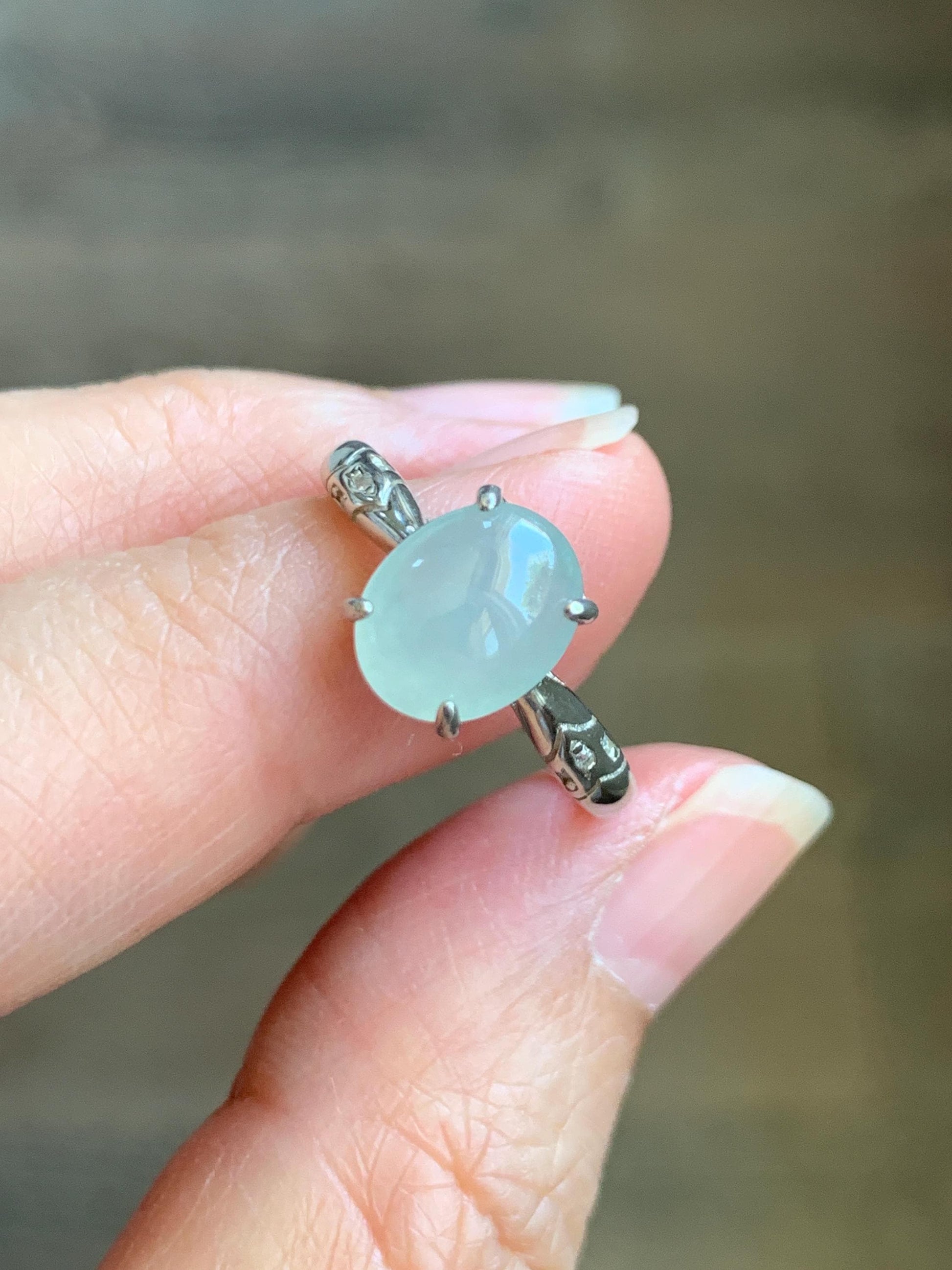 Natural Grade A Icy Translucent Pastel Green Jade Jadeite Solitaire Ring Sterling Silver Size 7 US Adjustable 天然冰晴底翡翠银镶戒指 XMQ55B